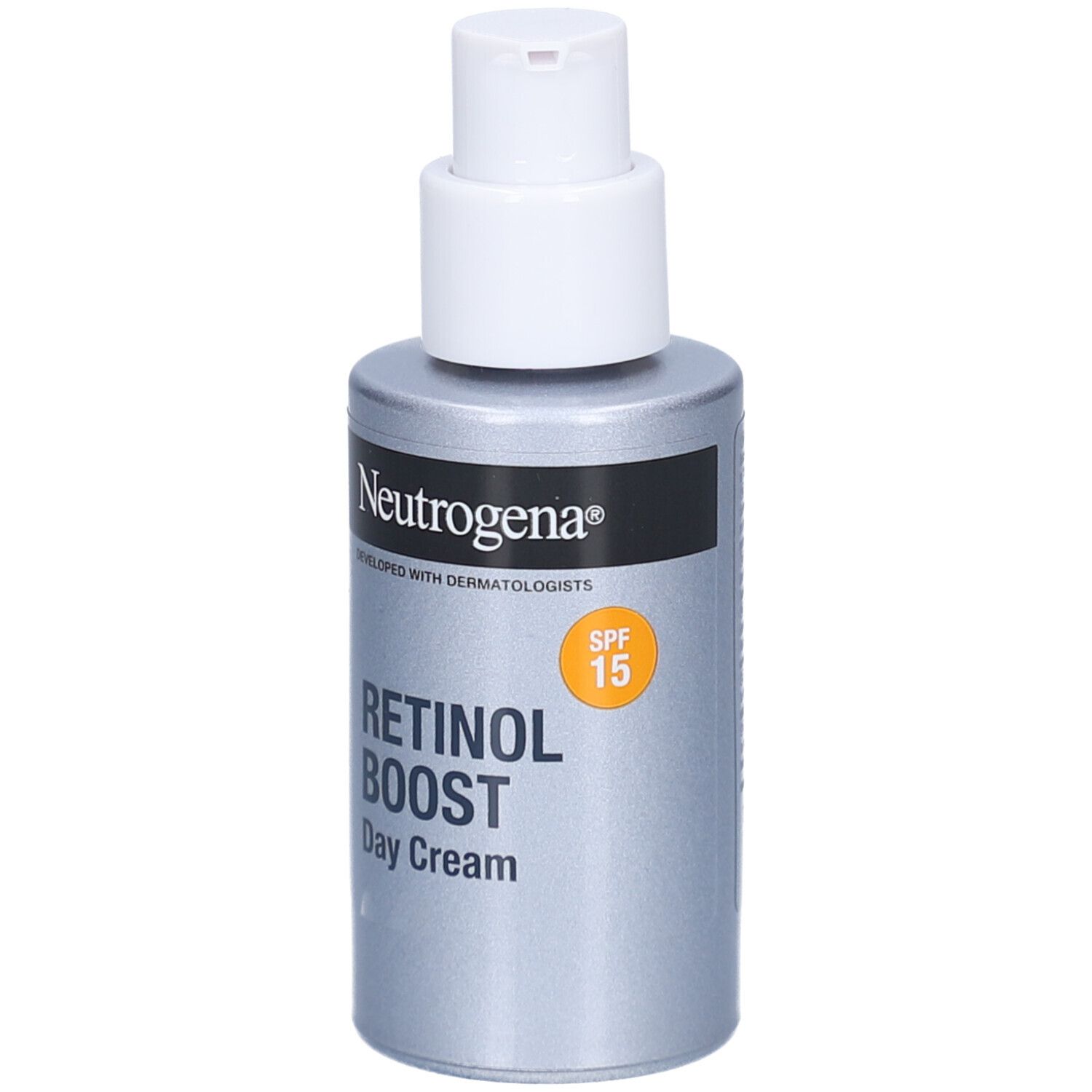 Graue Flasche mit weißem Pumpkopf. Aufschrift: Neutrogena, Retinol Boost Day Cream, SPF 15.
