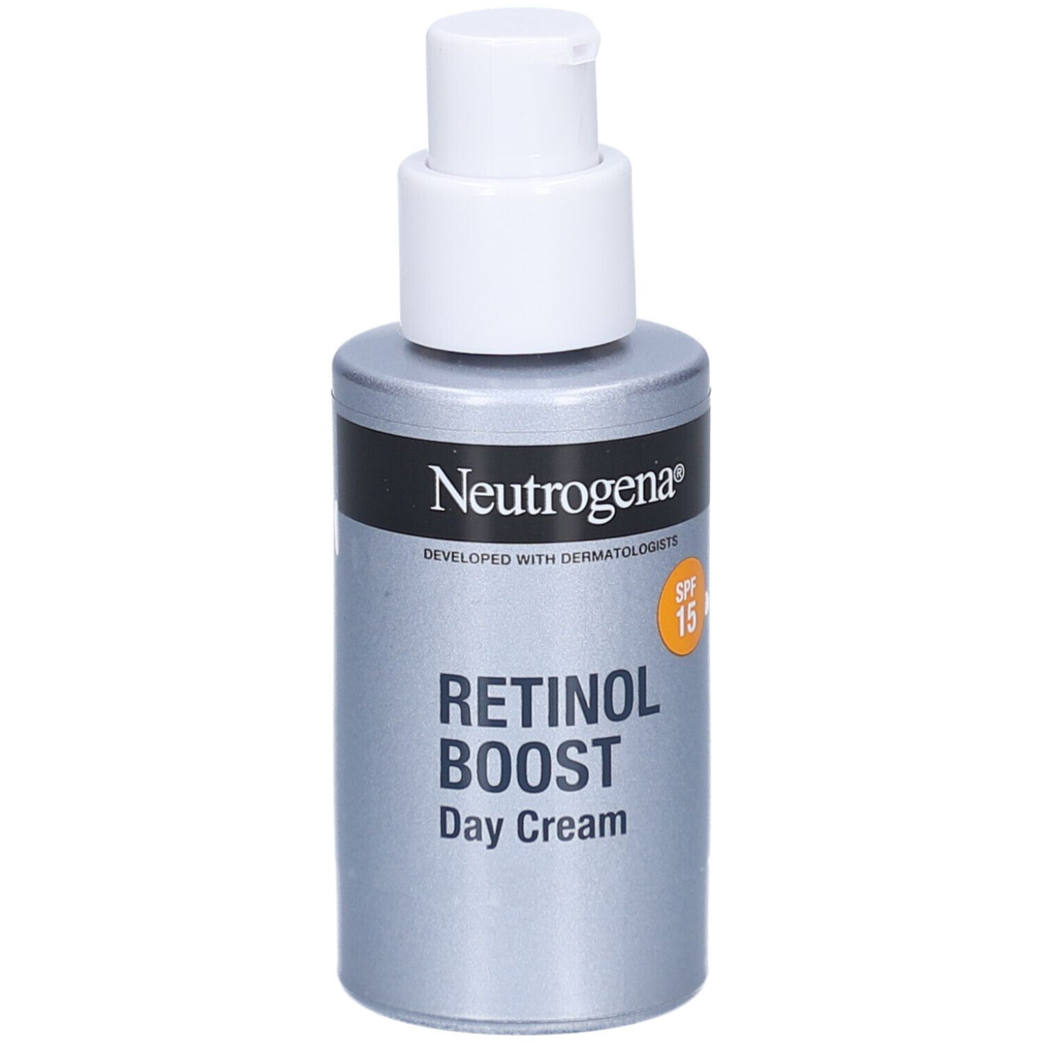 Graue Flasche mit weißem Pumpkopf. Aufschrift: Neutrogena, Retinol Boost Day Cream, SPF 15.