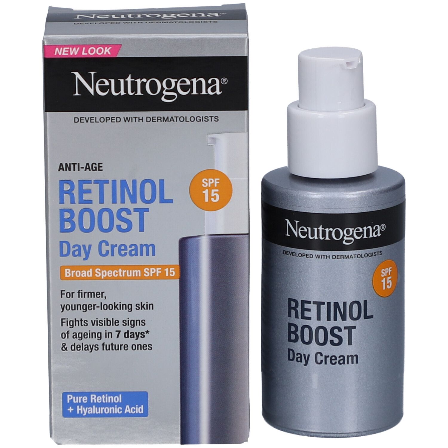 Produkt und Verpackung. Graue Flasche mit weißem Pumpkopf und Karton. Aufschrift: Neutrogena, Retinol Boost Day Cream, SPF 15.