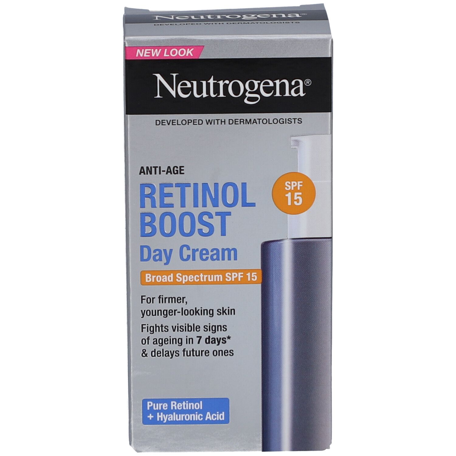 Produkt und Verpackung. Karton mit Aufschrift: Neutrogena, Retinol Boost Day Cream, SPF 15.