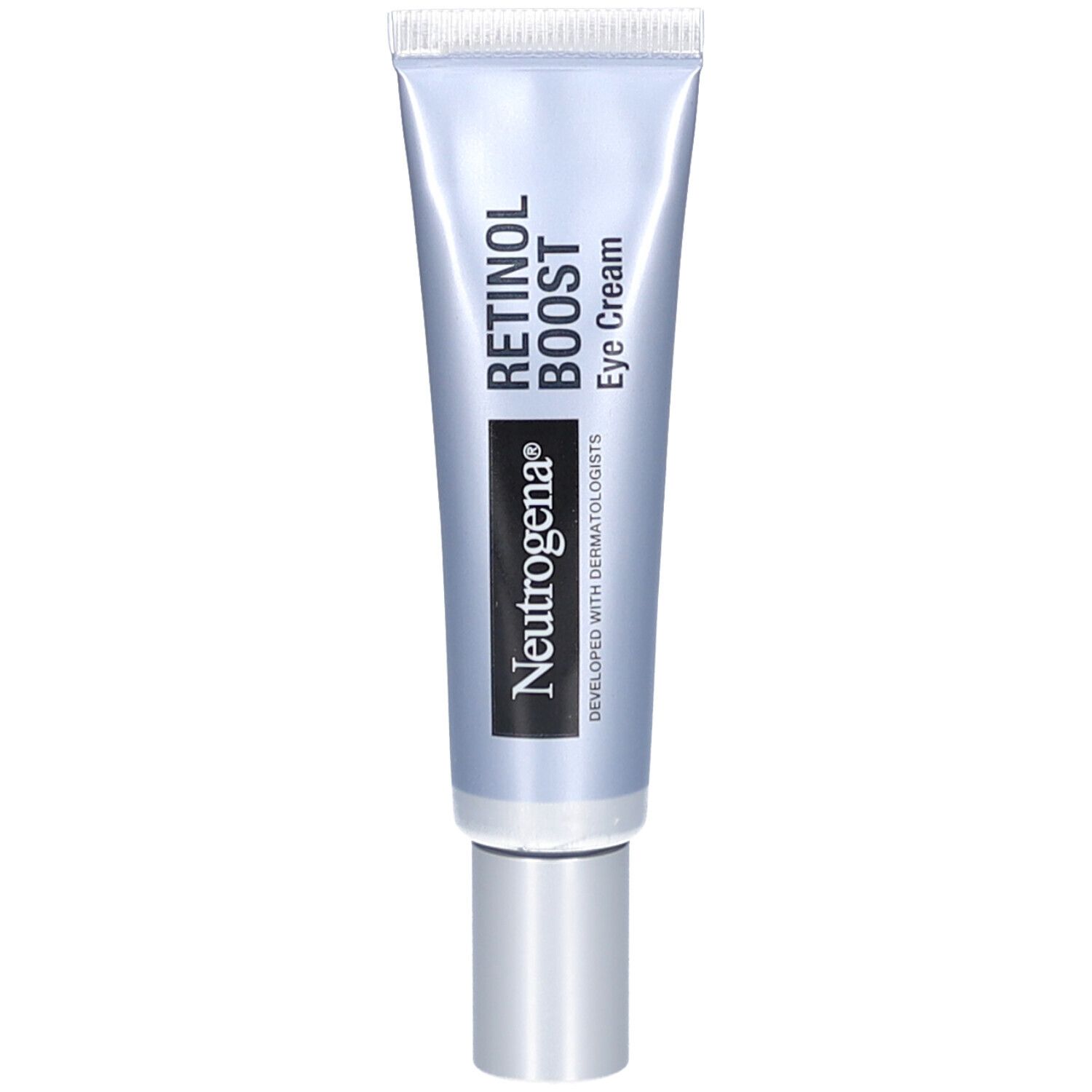 Neutrogena Retinol Boost Augencreme Tube. Silberfarbene Tube mit Produktnamen und Marke. 