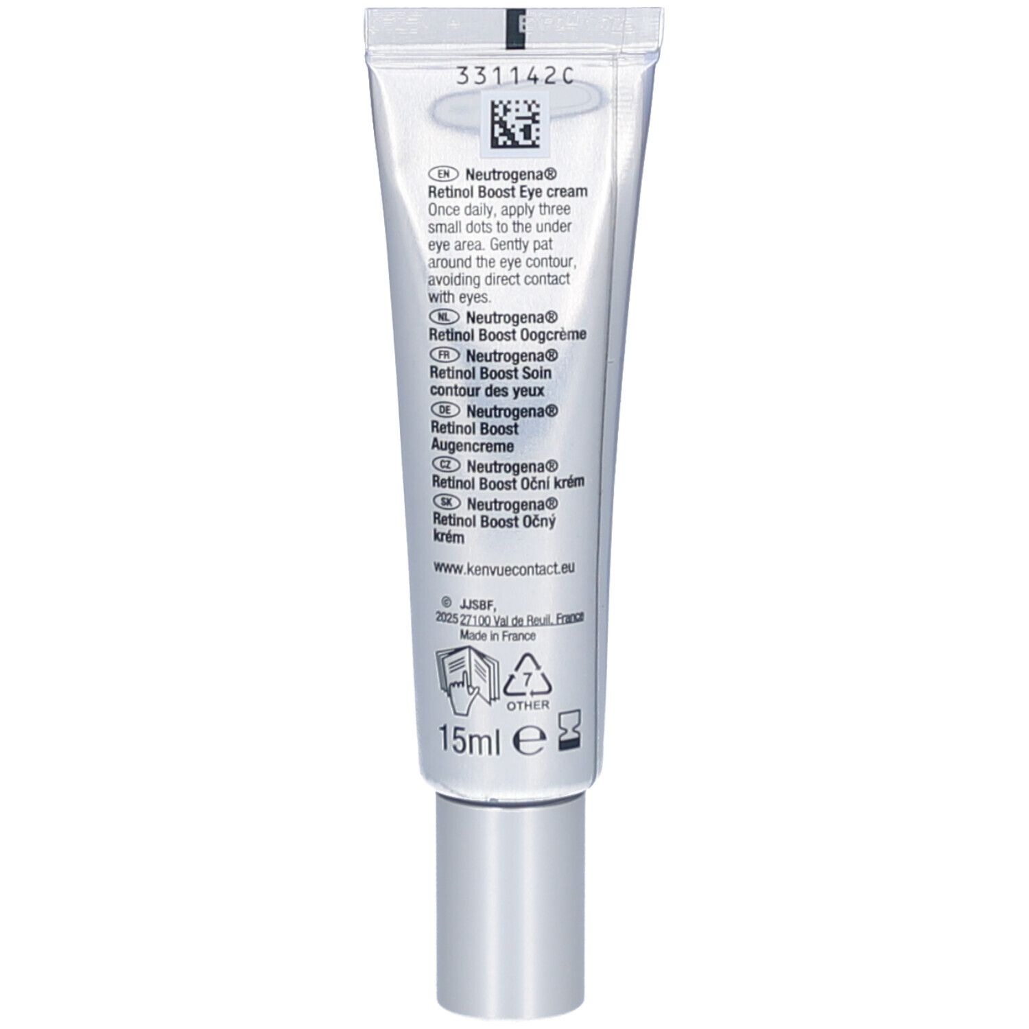 Rückseite der Neutrogena Retinol Boost Augencreme Tube. Text in mehreren Sprachen, 15ml, Recycling-Symbol.