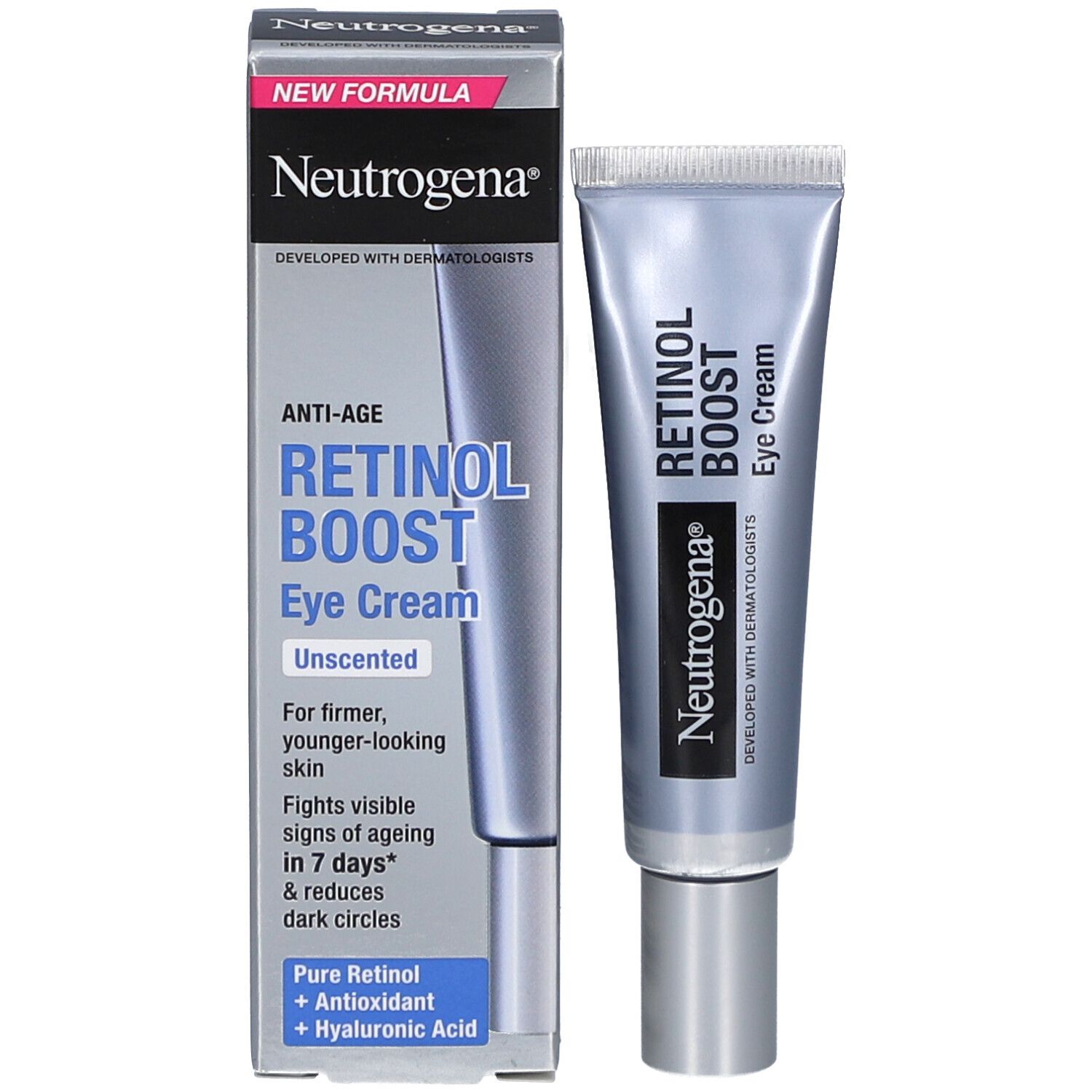 Neutrogena Retinol Boost Augencreme und Verpackung. Produktname, Anti-Age, unparfümiert. 
