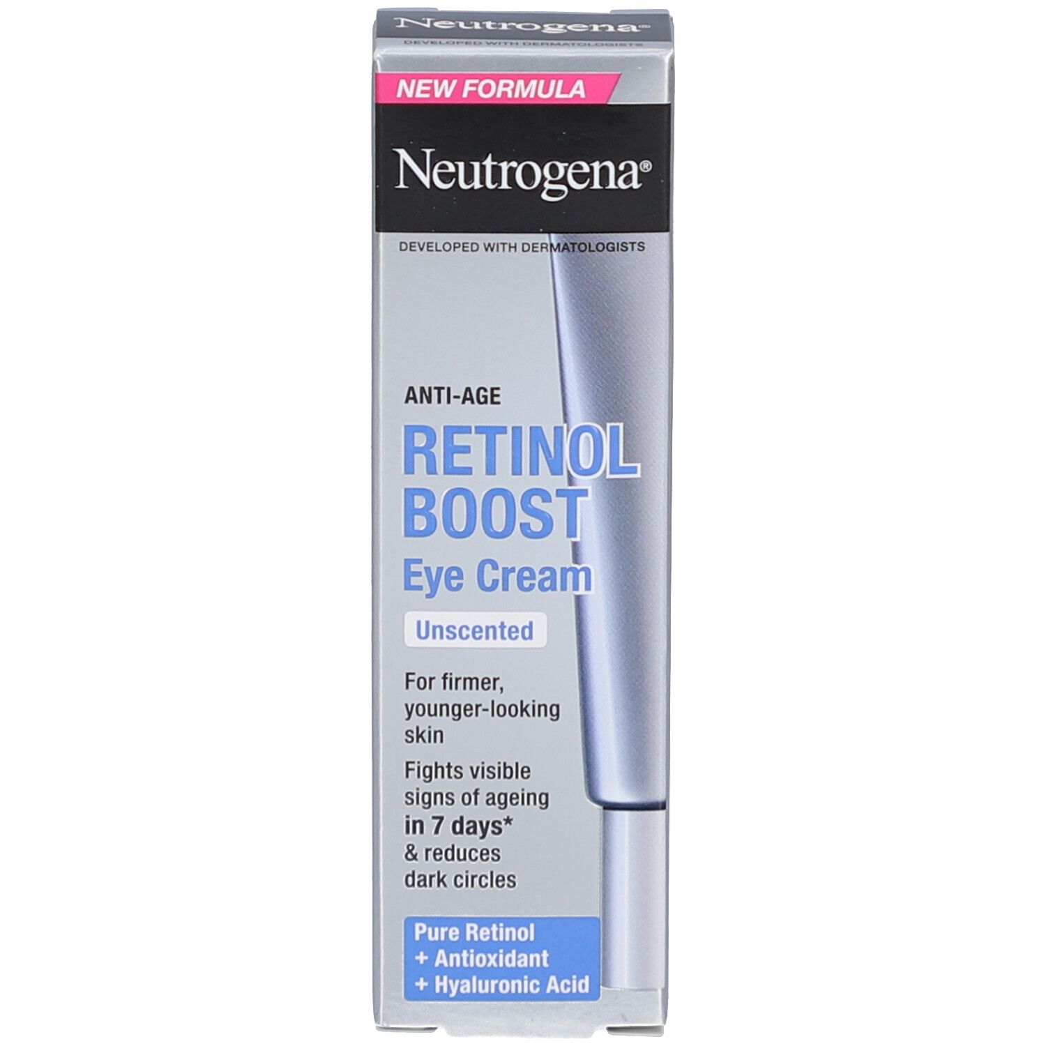 Neutrogena Retinol Boost Augencreme Verpackung. Produktname, Anti-Age, unparfümiert. 