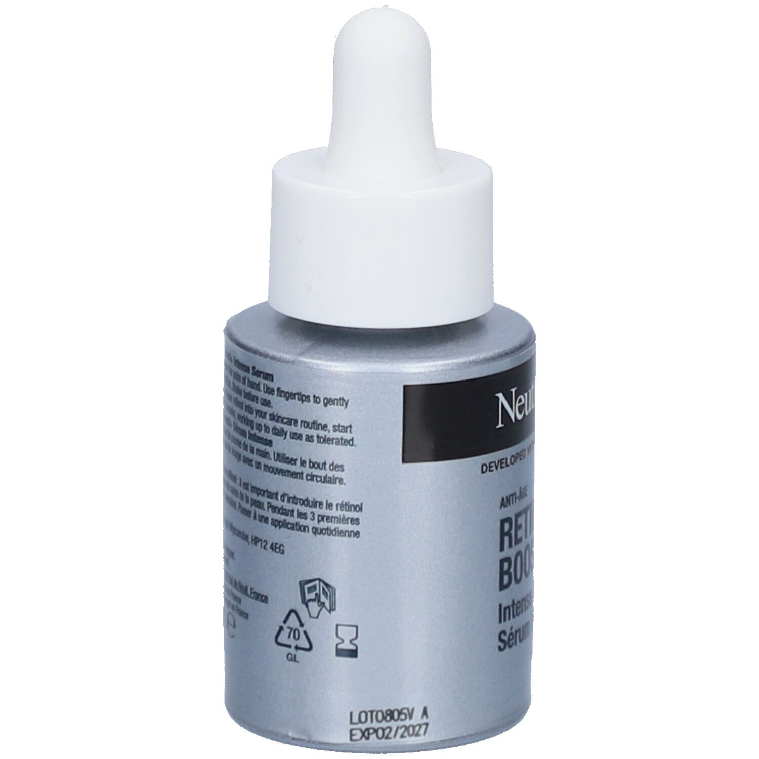 Silberne Flasche mit weißem Tropfer. Neutrogena Retinol Boost+ Serum. Text und Logos.