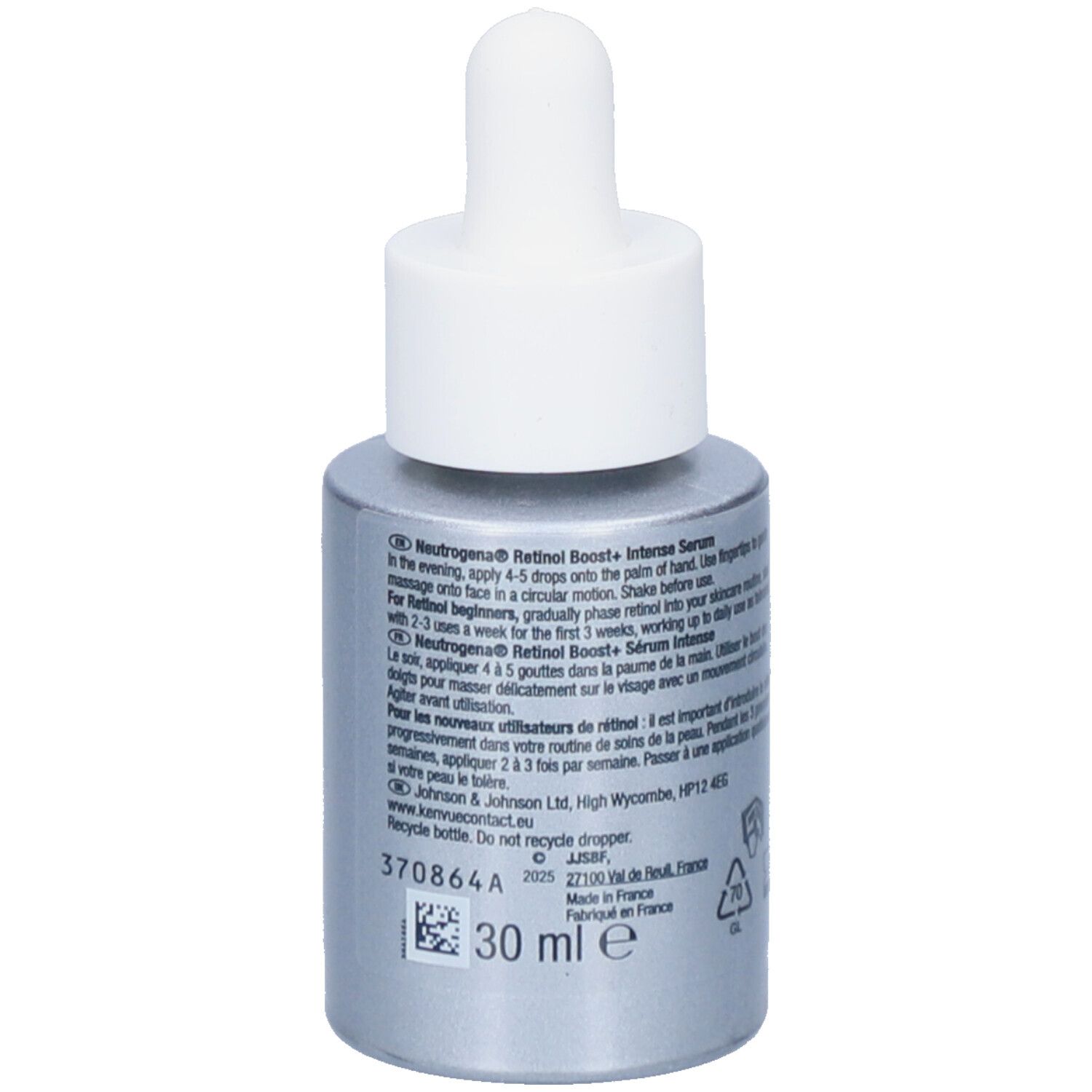 Rückseite der Flasche. Neutrogena Retinol Boost+ Serum. Text und Logos. 30 ml.