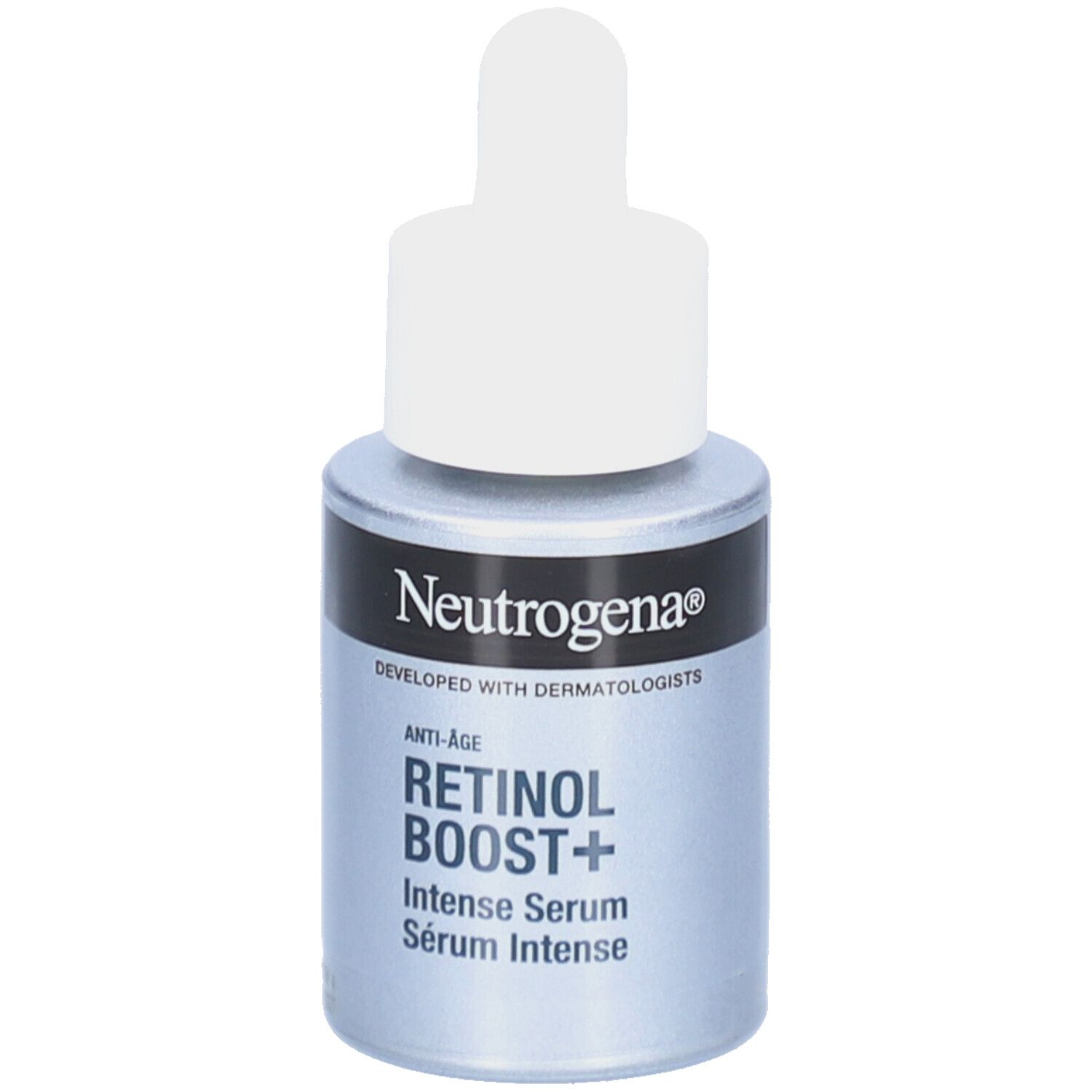 Neutrogena Retinol Boost+ Serum. Silberne Flasche mit weißem Tropfer. Text und Logos.