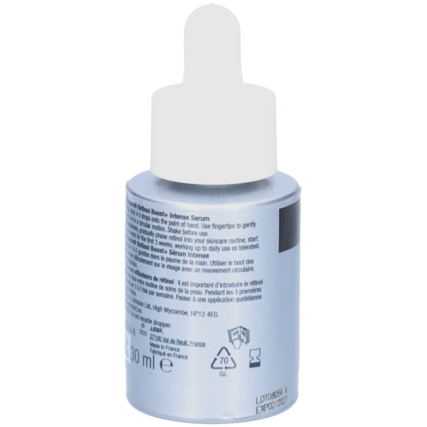 Rückseite der Flasche. Neutrogena Retinol Boost+ Serum. Text und Logos. 30 ml.