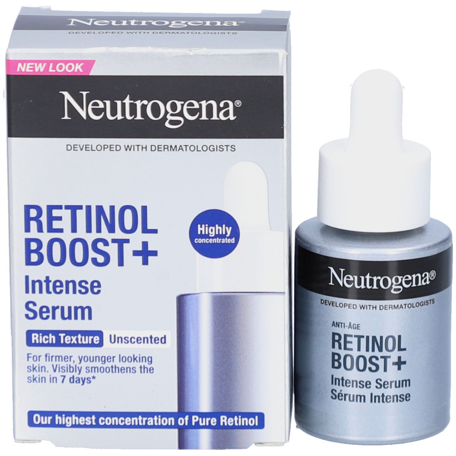 Neutrogena Retinol Boost+ Serum und Verpackung. Text und Logos. Mit Tropfer.