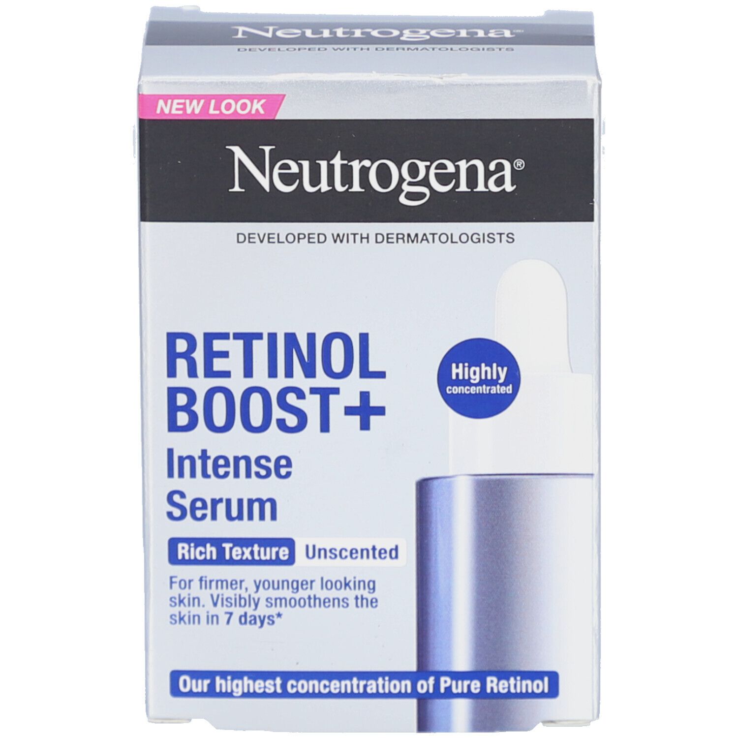 Neutrogena Retinol Boost+ Serum Verpackung. Text und Logos. Mit Tropfer.