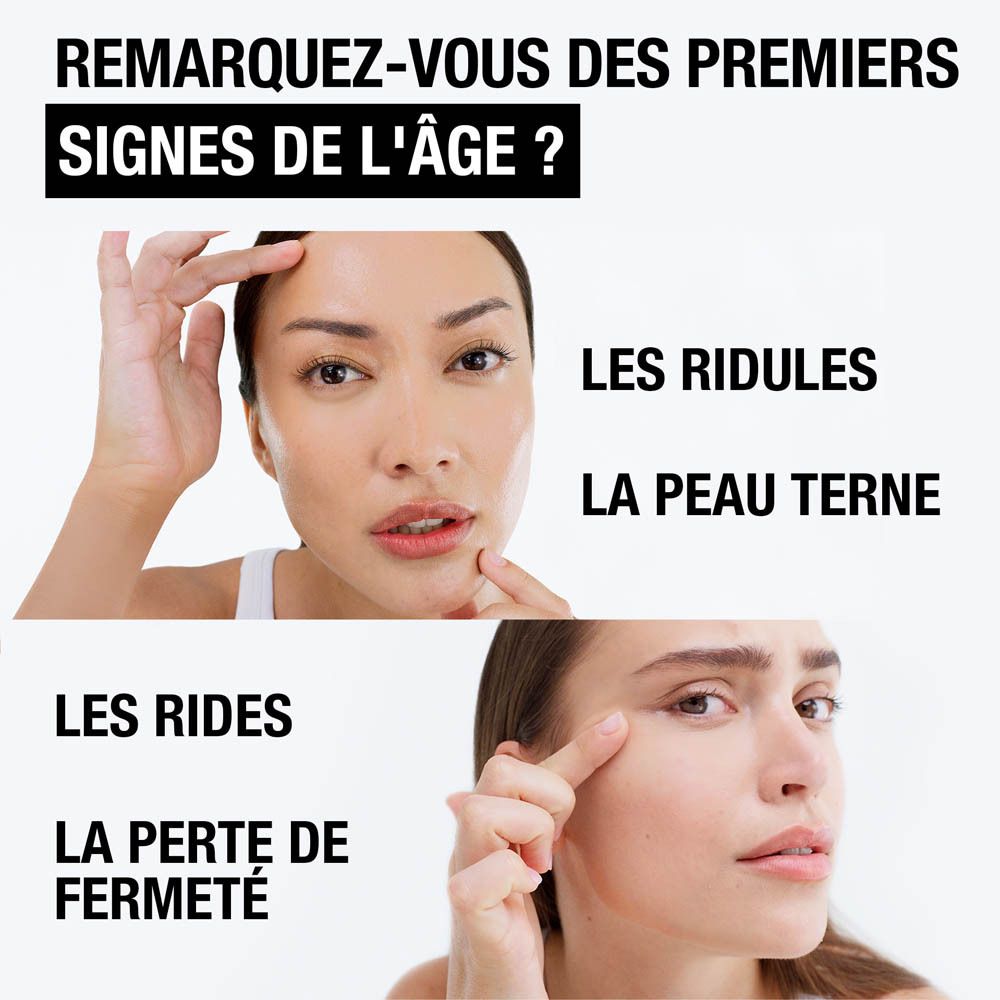 Femme montrant son visage. Texte: Réduit l'apparence des rides en 7 jours.