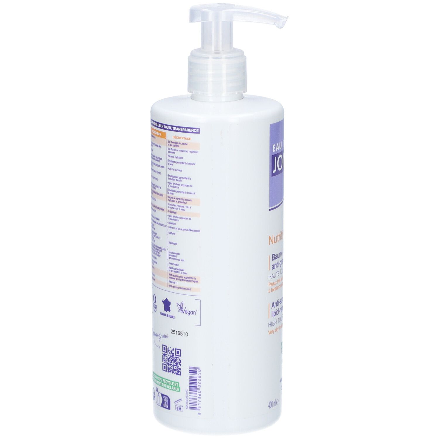 Weiße Flasche mit Dosierpumpe. Rückseite mit Text und Logos. Vegan-Logo, QR-Code, Herkunft Frankreich.