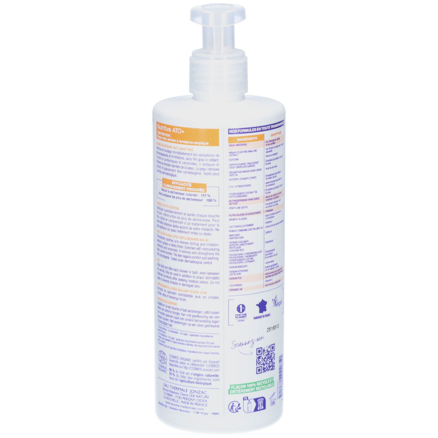 Weiße Flasche mit Dosierpumpe. Rückseite mit Text. QR-Code, Vegan-Logo, Herkunft Frankreich.