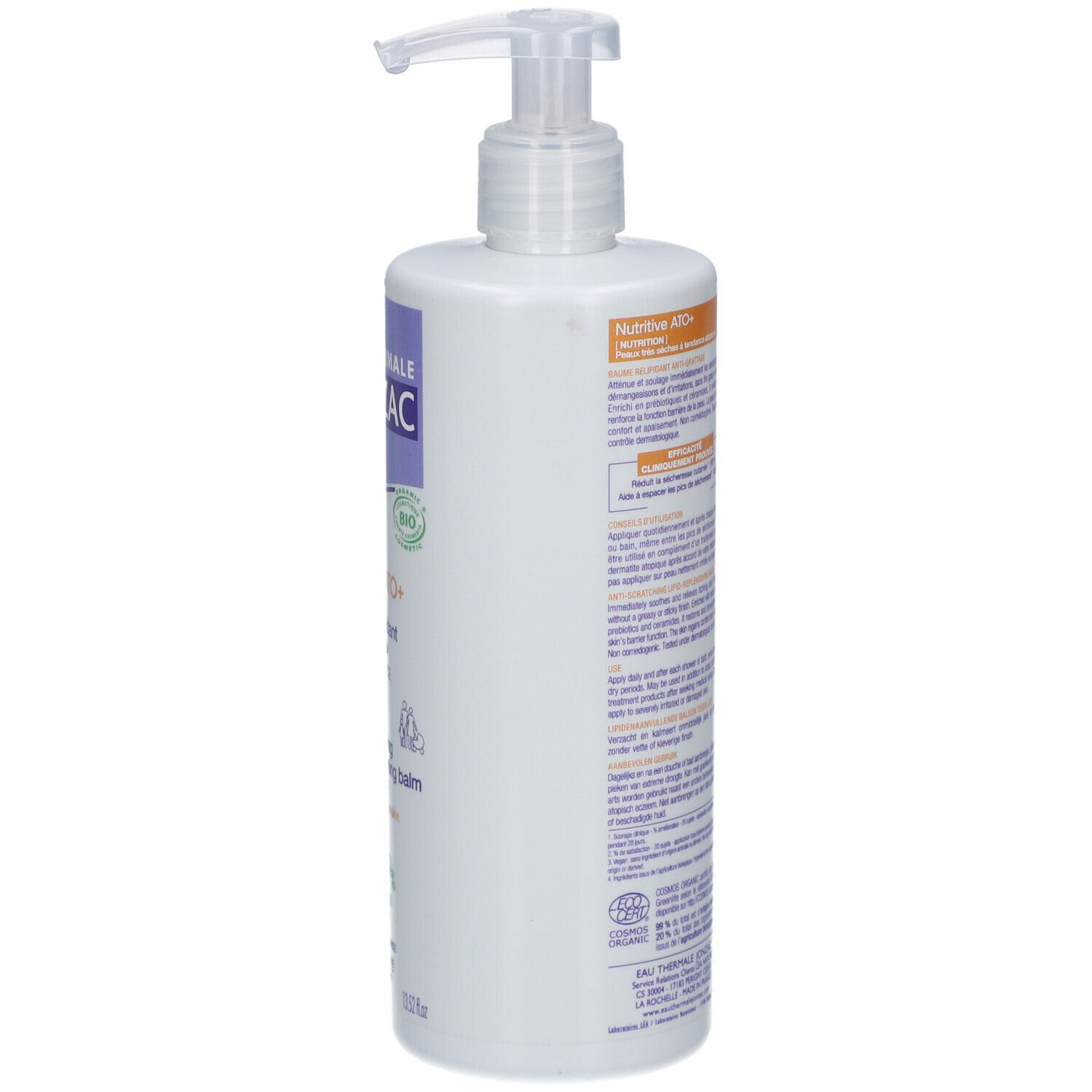 Weiße Flasche mit Dosierpumpe. Rückseite mit Text. Vegan-Logo, QR-Code, Herkunft Frankreich.