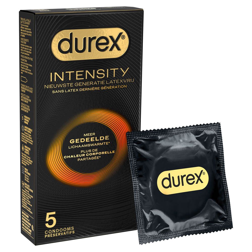 Durex Intensity Kondom-Verpackung und ein Kondom. Text: Intensity, 5 Kondome. Kondom in schwarzer Verpackung.