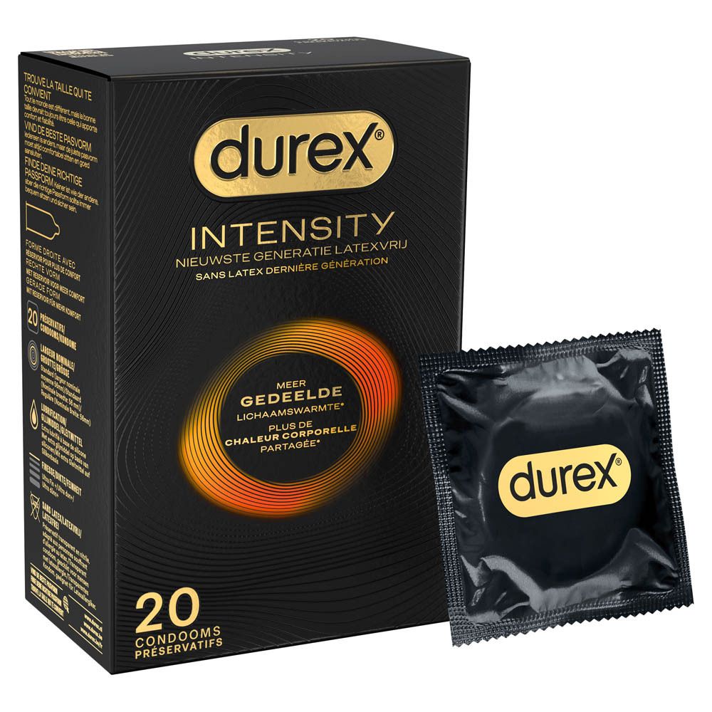 Schwarze Schachtel mit Durex-Logo und Produktnamen. Enthält 20 Kondome. Text: Intensity, latexfrei.