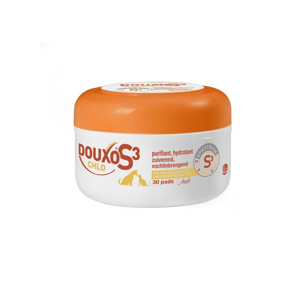 Runde, weiße Dose mit orangefarbenem Deckel. Aufschrift Douxo S3 Chlo. Enthält 30 Pads. Text in mehreren Sprachen.
