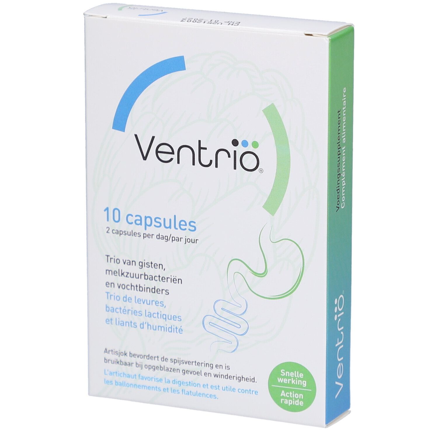 Ventribio-Verpackung mit 10 Kapseln. Blaue und grüne Elemente. Text: Trio von Gisten, Melkzuurbacteriën, Vochtbinders.
