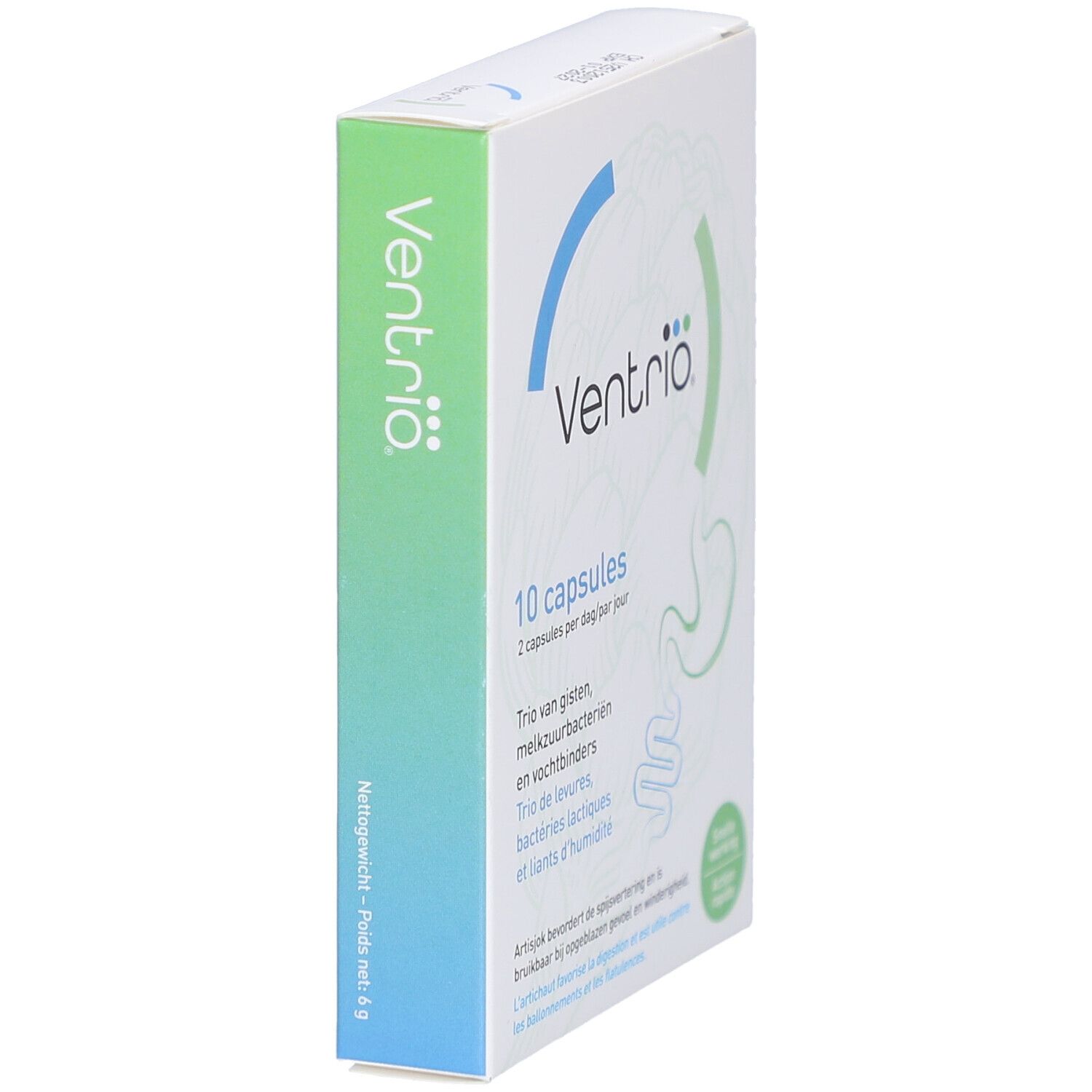 Ventribio-Verpackung, schräg. 10 Kapseln. Text: Trio von Gisten, Melkzuurbacteriën, Vochtbinders. Grüne und blaue Elemente.
