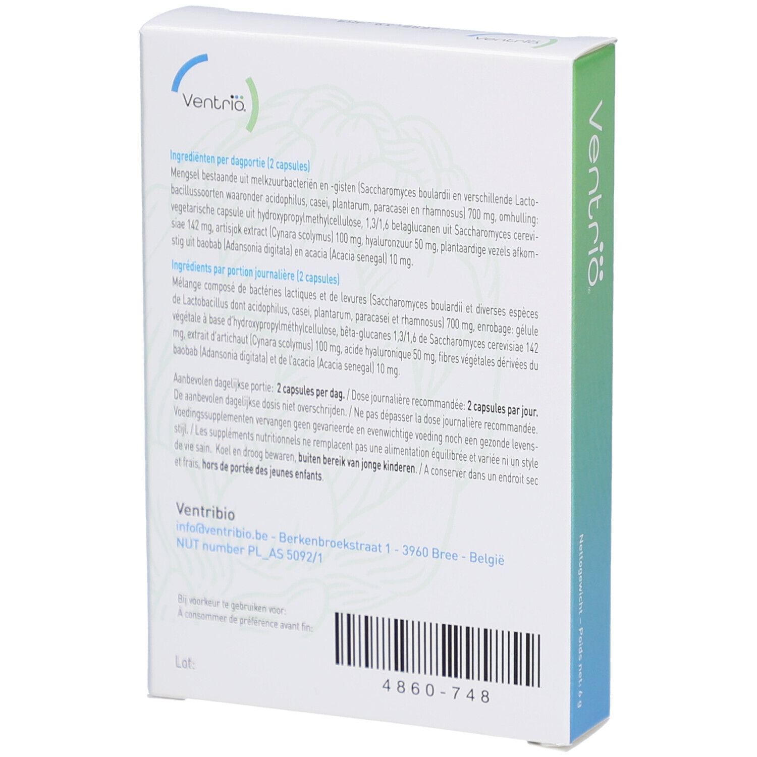 Rückseite der Ventribio-Verpackung. Text: Zutaten, Dosierung, Herstelleradresse, Chargennummer und Barcode.