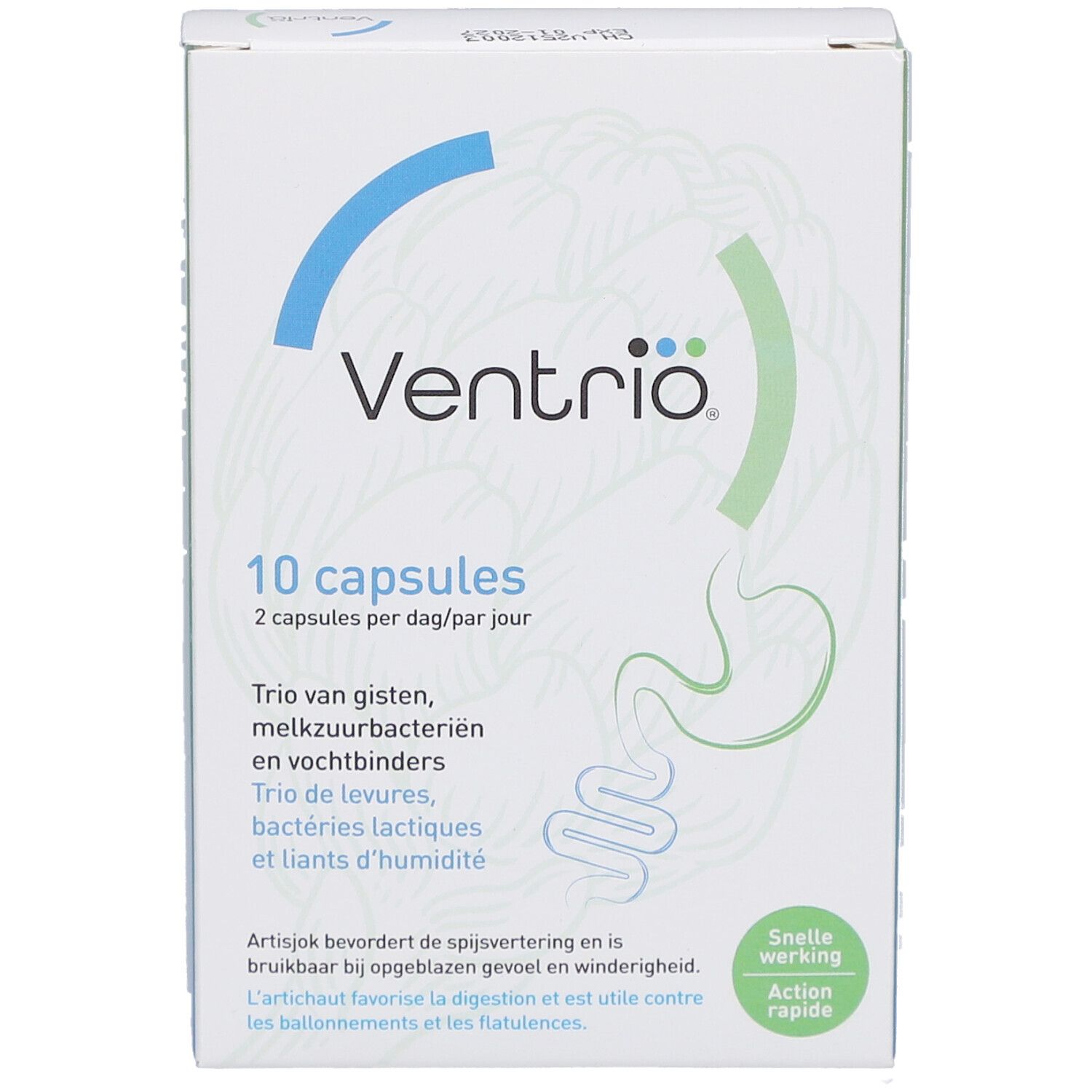 Ventribio-Verpackung mit 10 Kapseln. Blaue und grüne Elemente. Text: Trio von Gisten, Melkzuurbacteriën, Vochtbinders.