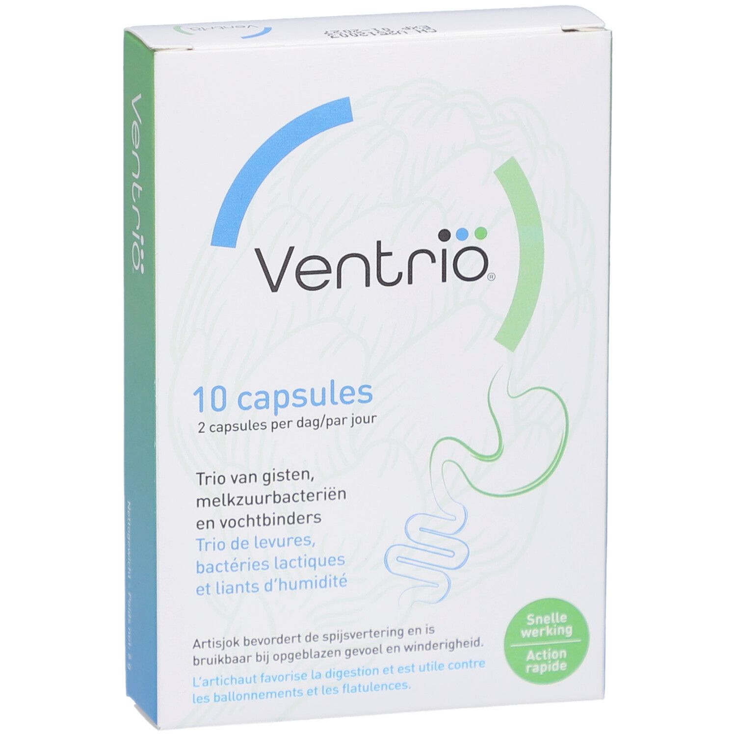 Ventribio-Verpackung mit 10 Kapseln. Blaue und grüne Elemente. Text: Trio von Gisten, Melkzuurbacteriën, Vochtbinders.