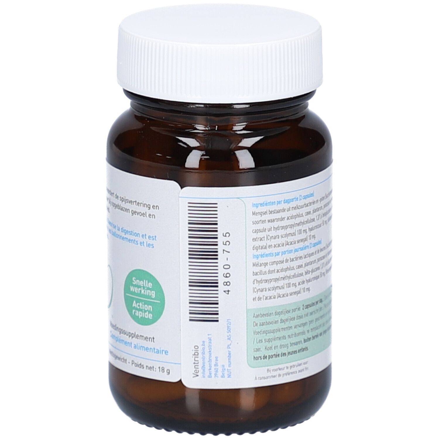 Braune Glasflasche mit weißem Deckel. Etikett mit Produktinformationen und Barcode. Enthält 18 g. Text in mehreren Sprachen.