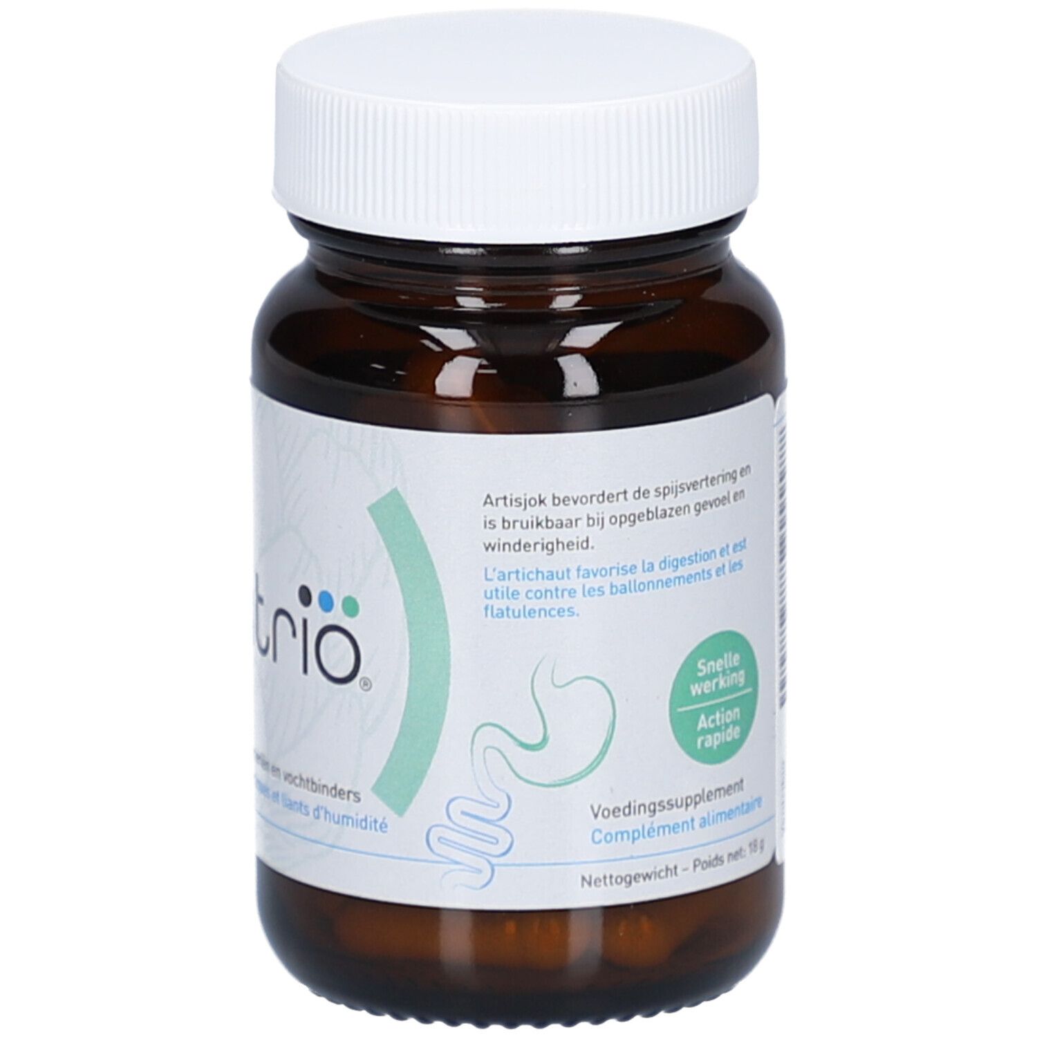 Braune Glasflasche mit weißem Deckel. Aufkleber mit Produktnamen Ventribio und Abbildung des Verdauungstrakts. Text in mehreren Sprachen.