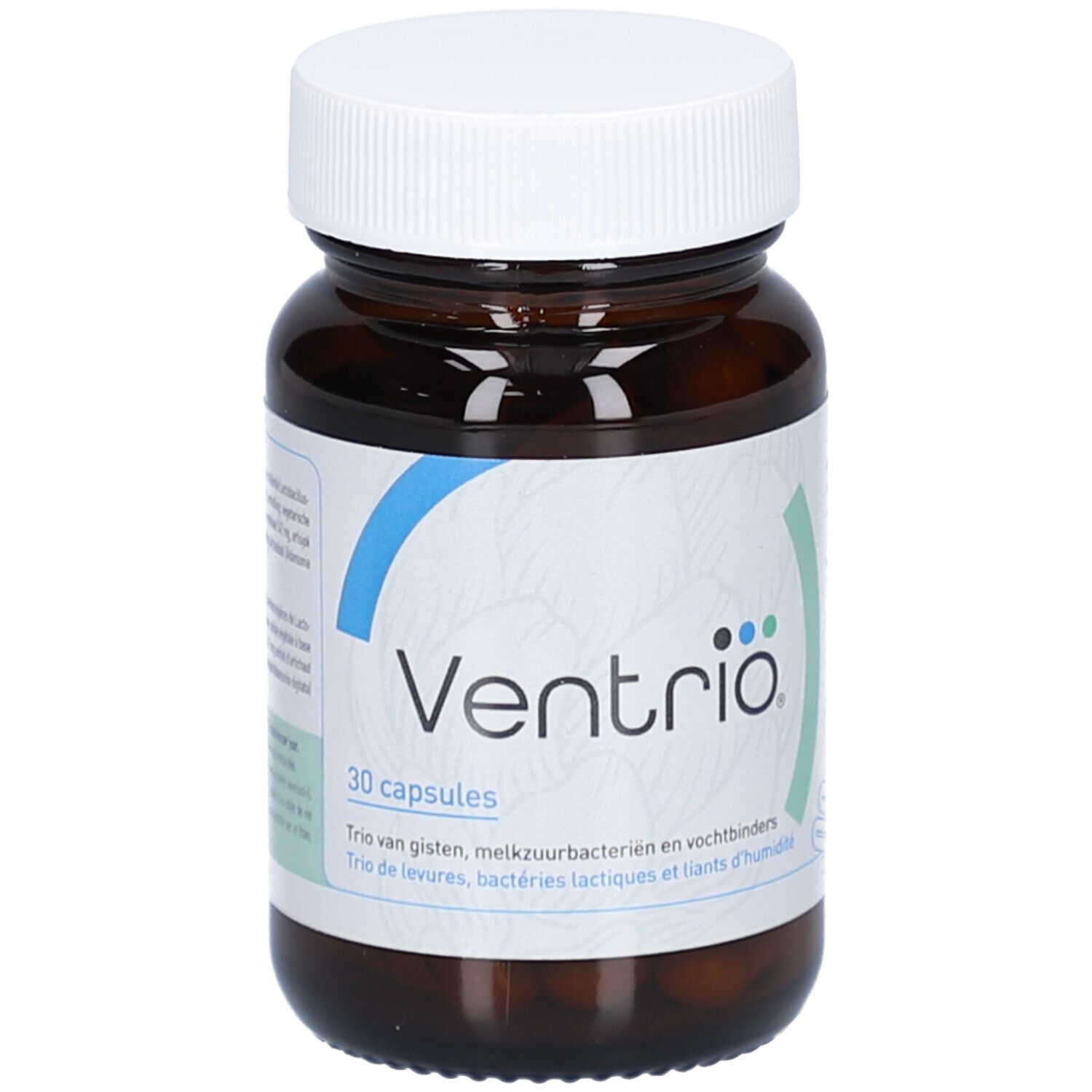 Braune Glasflasche mit weißem Deckel. Aufkleber mit Produktnamen Ventribio und 30 Kapseln. Text in mehreren Sprachen.