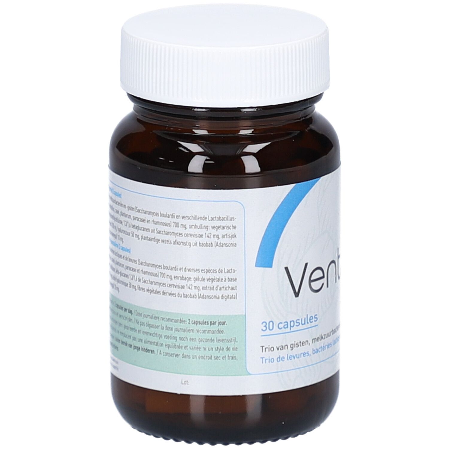 Braune Glasflasche mit weißem Deckel. Aufkleber mit Produktinformationen und 30 Kapseln. Text in mehreren Sprachen.