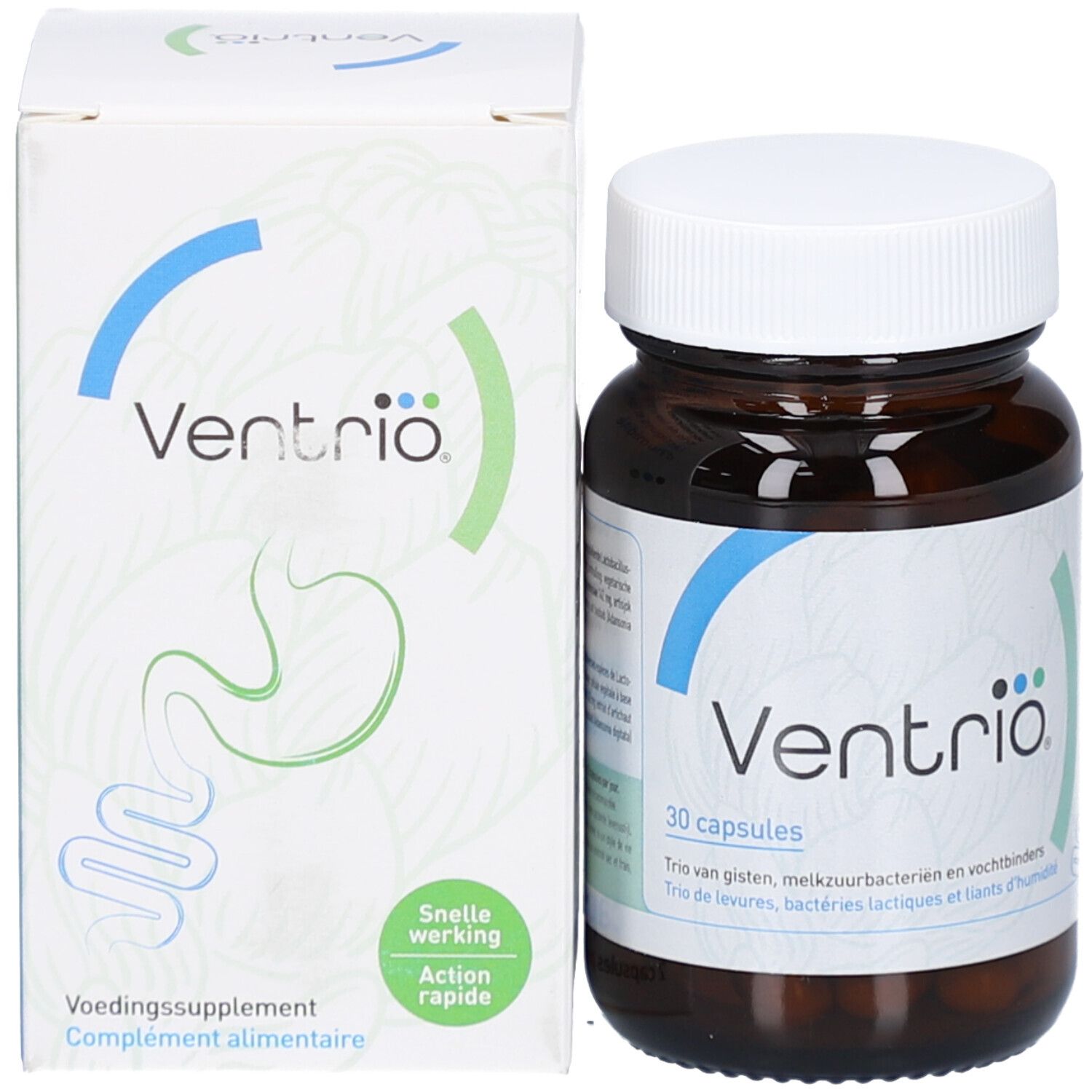 Produktpackung mit Flasche und Karton. Flasche: braunes Glas, weißer Deckel. Karton: weiß, blau, grün. Produktname Ventribio.