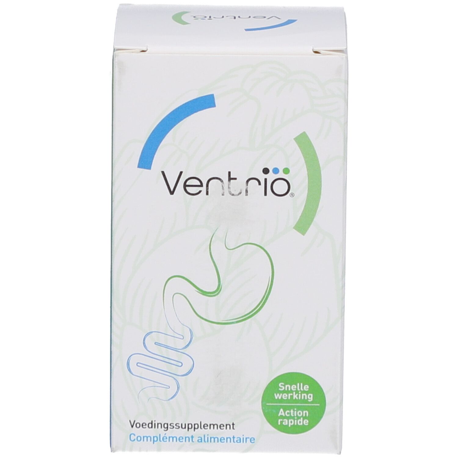 Weiße Produktverpackung mit blau-grünem Design. Produktname Ventribio. Text in mehreren Sprachen. Abbildung des Verdauungstrakts.