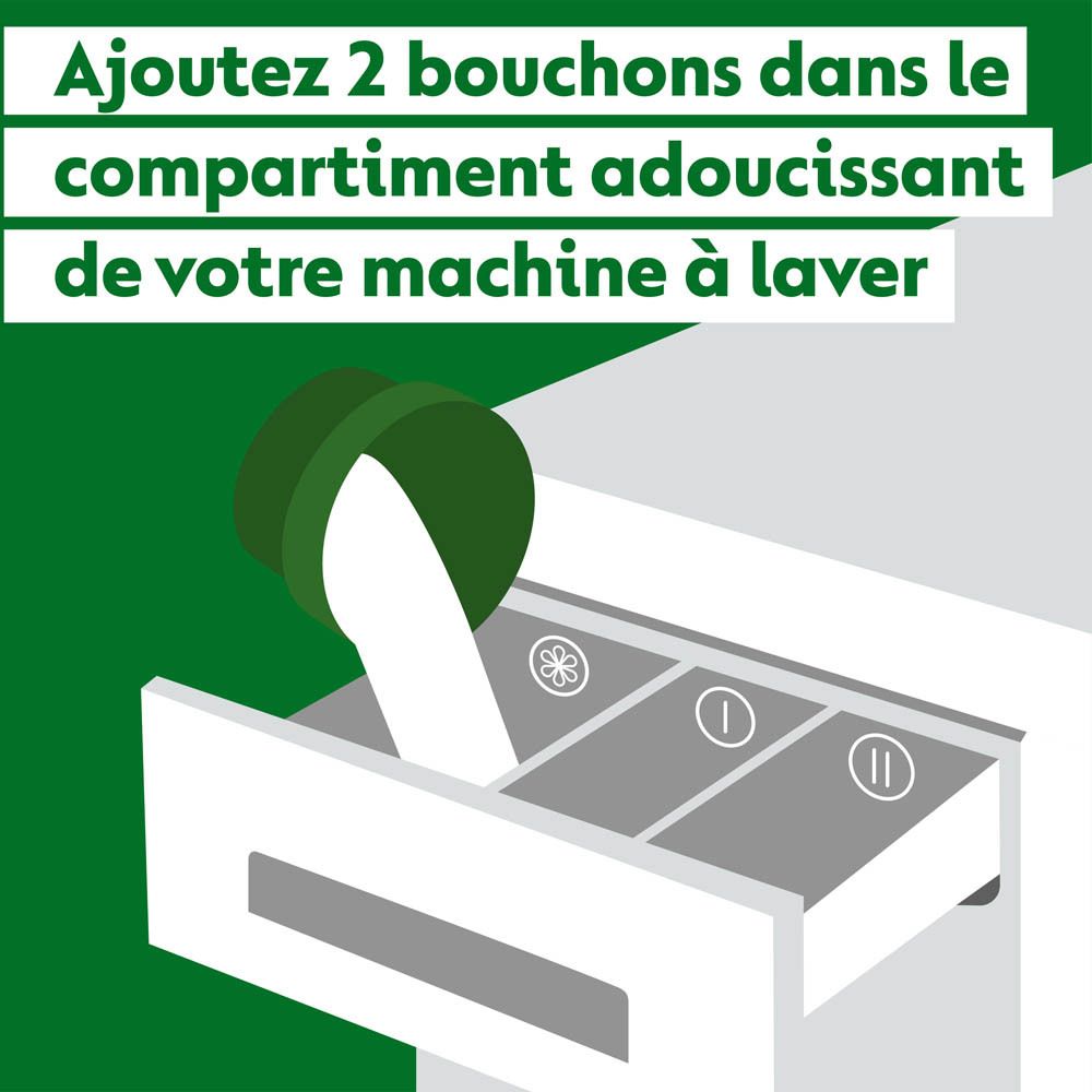 Instruction: ajouter 2 bouchons de Dettol Linge dans le compartiment adoucissant.