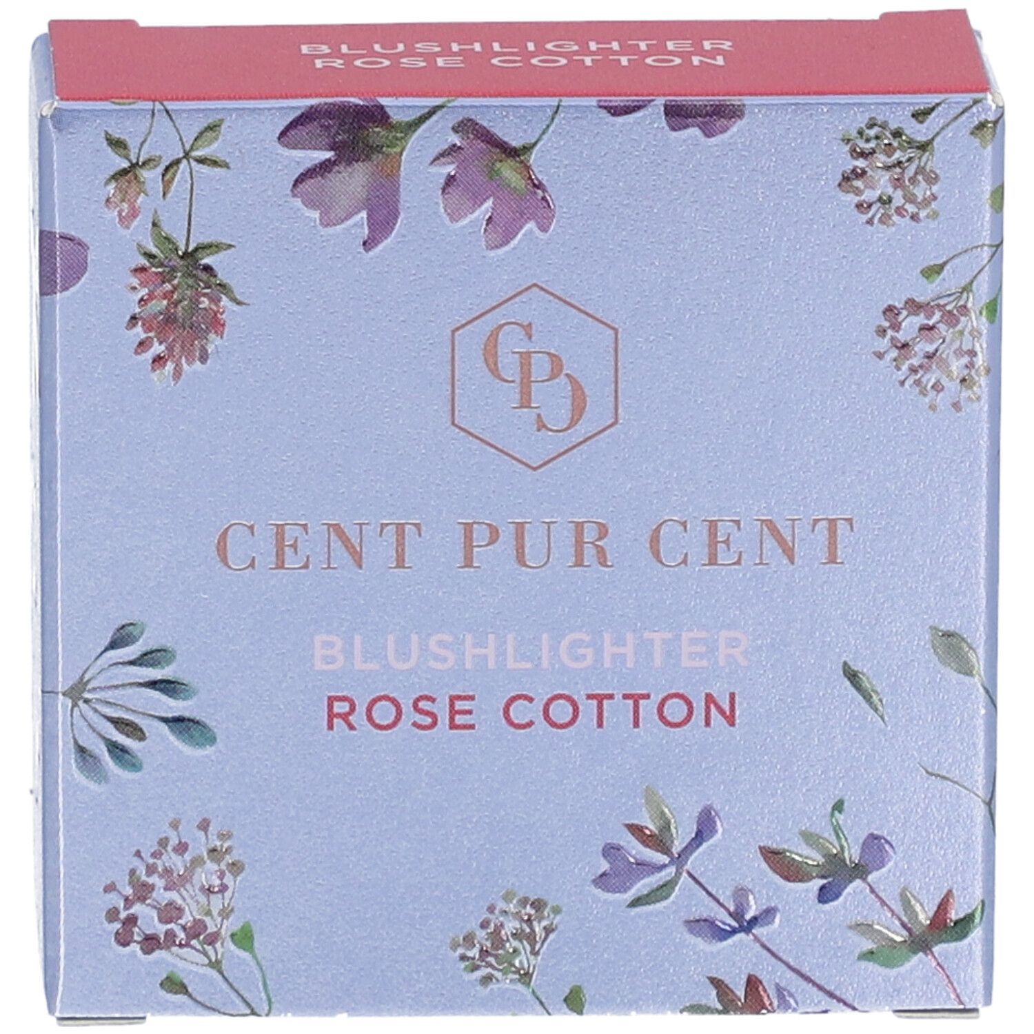 Vue de dessus de l'emballage de Cent Pur Cent Blushlighter Rose Coton. Boîte bleu clair avec motif floral et nom du produit.