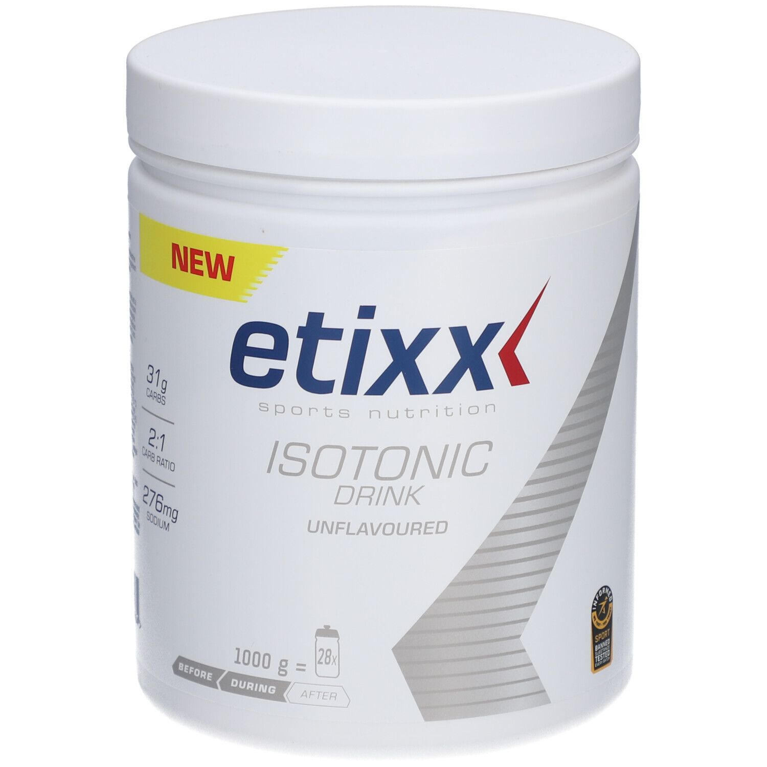 Weißer Behälter mit Etixx Isotonic Drink. Gelbes 'NEW'-Etikett. 1000g, 28 Portionen. Aufschrift: Unflavoured.