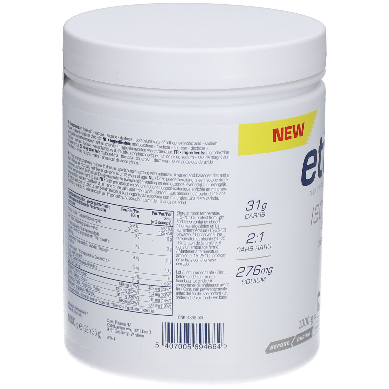 Rückseite des weißen Behälters. Enthält Nährwertangaben und Zutaten. 'NEW'-Etikett. 1000g. Etixx Sports Nutrition.