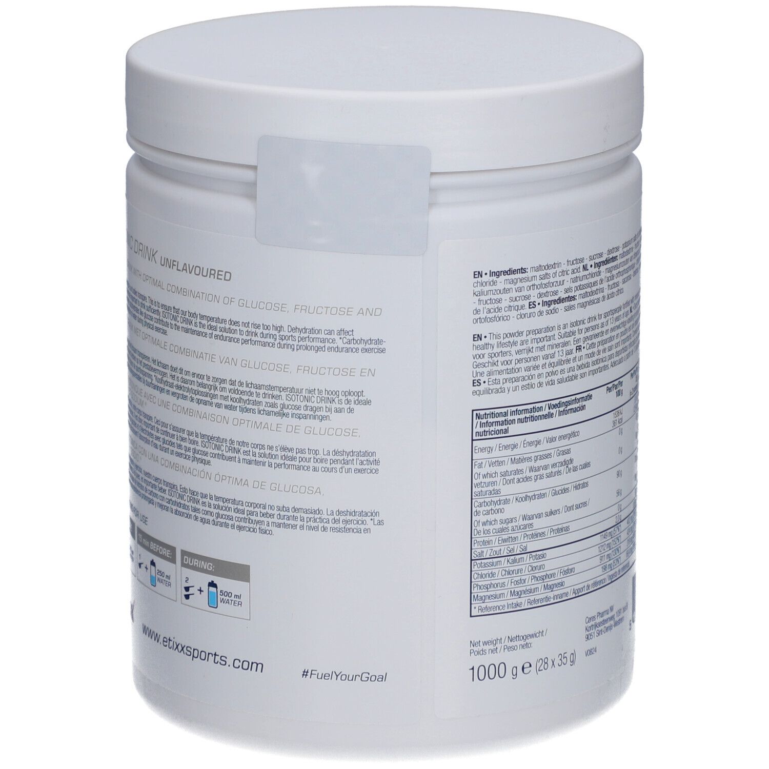 Rückseite des weißen Behälters. Enthält Nährwertangaben und Zutaten. 1000g. Etixx Sports Nutrition. 'Fuel your Goal'.