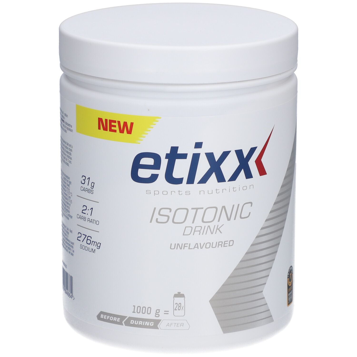 Weißer Behälter mit Etixx Isotonic Drink. Gelbes 'NEW'-Etikett. 1000g, 28 Portionen. Aufschrift: Unflavoured.