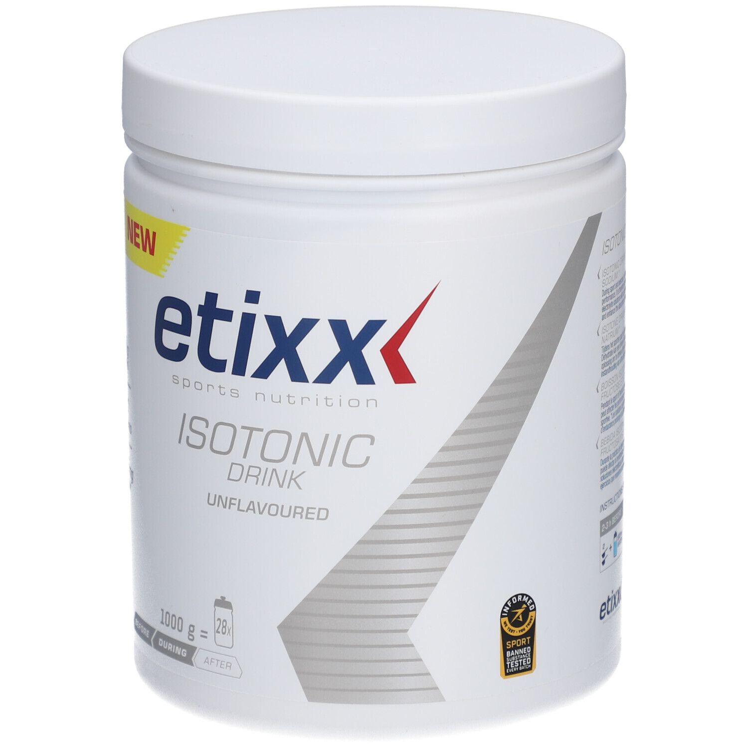 Weißer Behälter mit Etixx Isotonic Drink. Gelbes 'NEW'-Etikett. 1000g, 28 Portionen. Aufschrift: Unflavoured. Siegel.