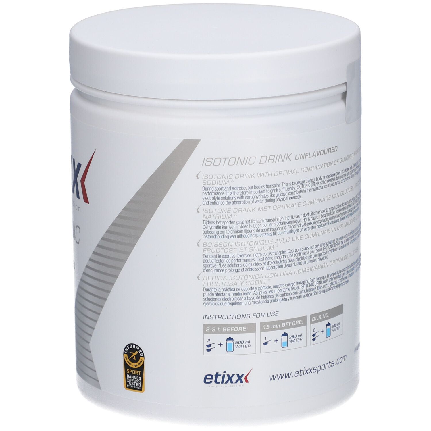 Rückseite des weißen Behälters. Enthält Nährwertangaben und Gebrauchsanweisung. Etixx Sports Nutrition. Siegel.