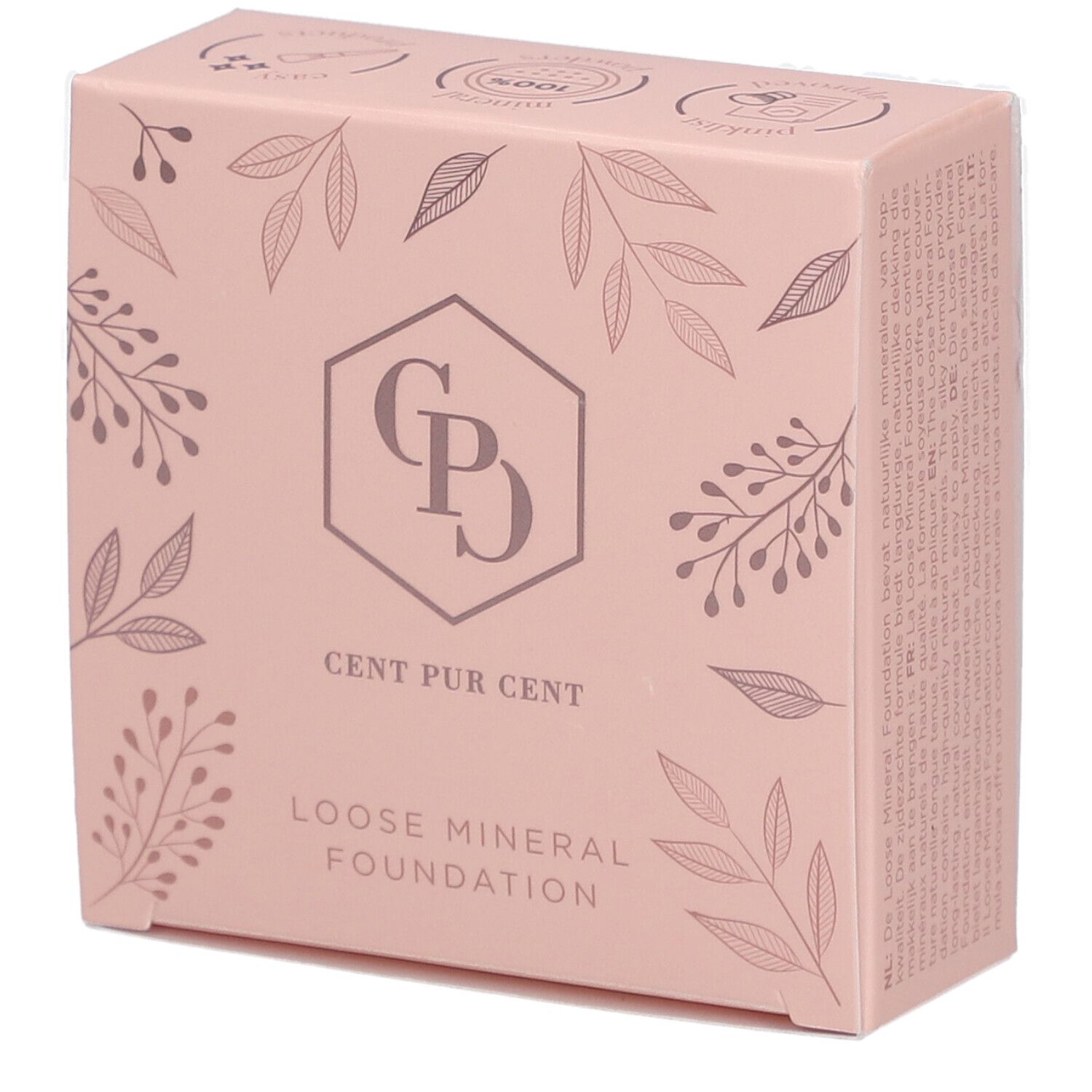 Rosa Verpackung mit floralem Muster. Logo: CPD, Cent Pur Cent, Loose Mineral Foundation.