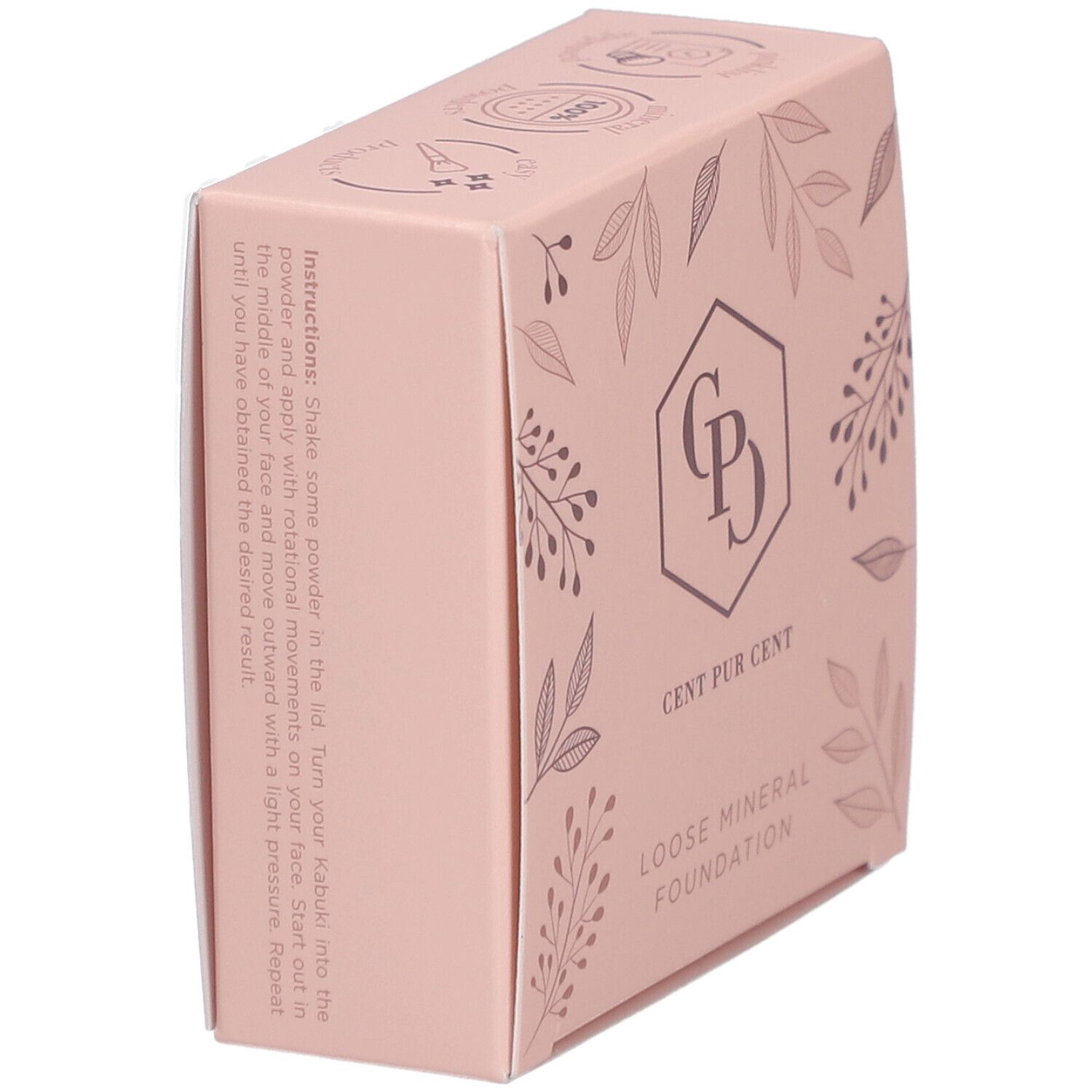 Rosa Verpackung mit floralem Muster. Logo: CPD, Cent Pur Cent, Loose Mineral Foundation. Anweisungen.