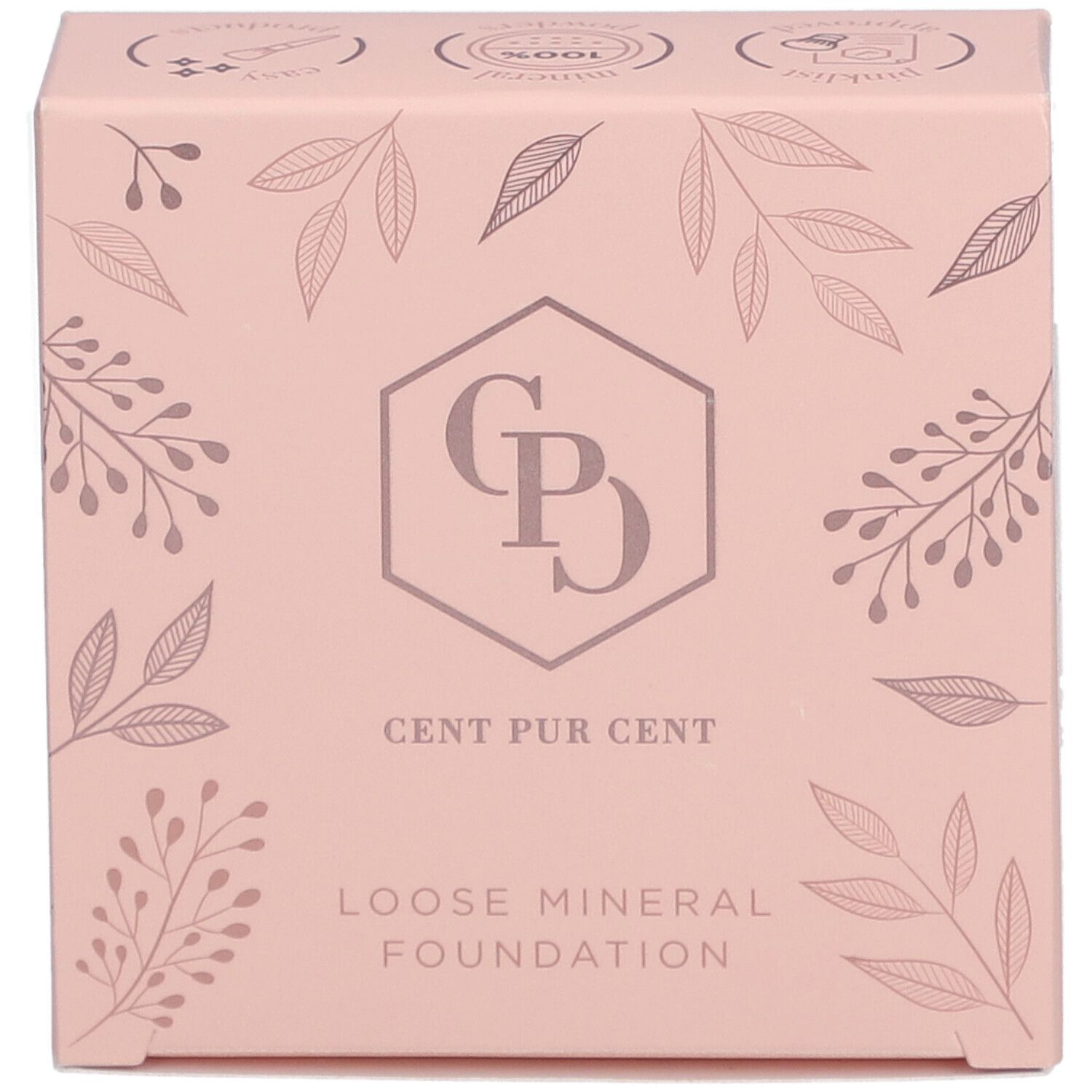 Rosa Verpackung mit floralem Muster. Logo: CPD, Cent Pur Cent, Loose Mineral Foundation.