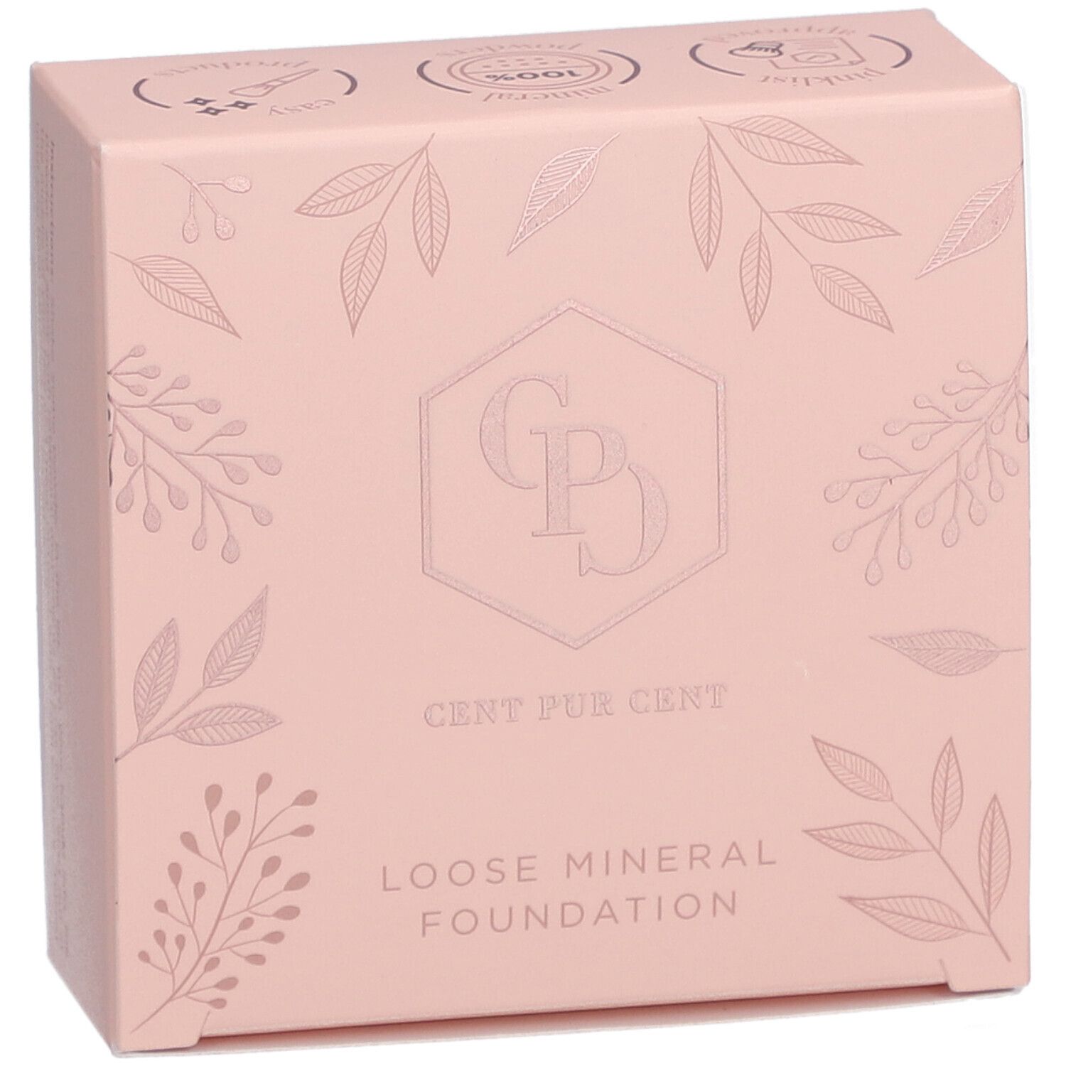 Rosa Verpackung mit floralem Muster. Logo: CPD, Cent Pur Cent, Loose Mineral Foundation.