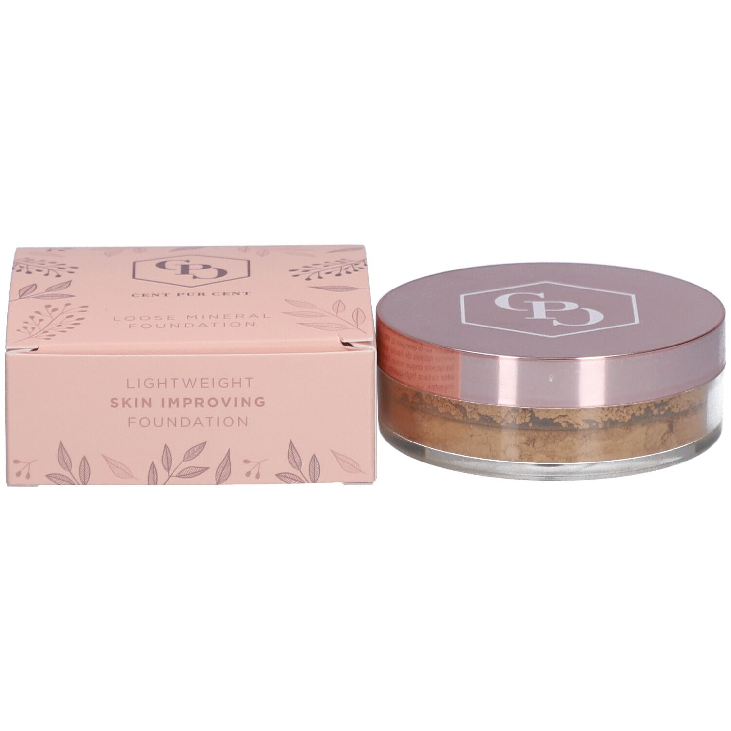Fond de teint en poudre et emballage. Boîte rose avec couvercle et logo. Boîte rose avec texte et feuilles.