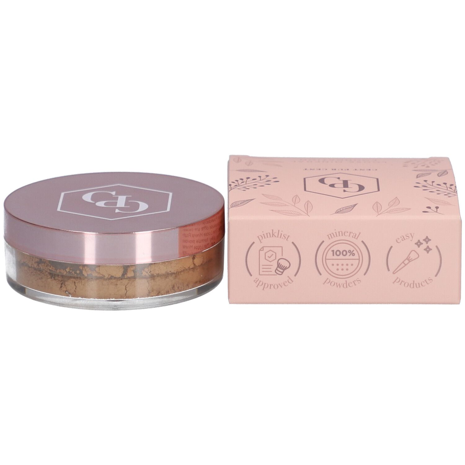 Fond de teint en poudre et emballage. Boîte rose avec couvercle et logo. Boîte rose avec logos et texte.
