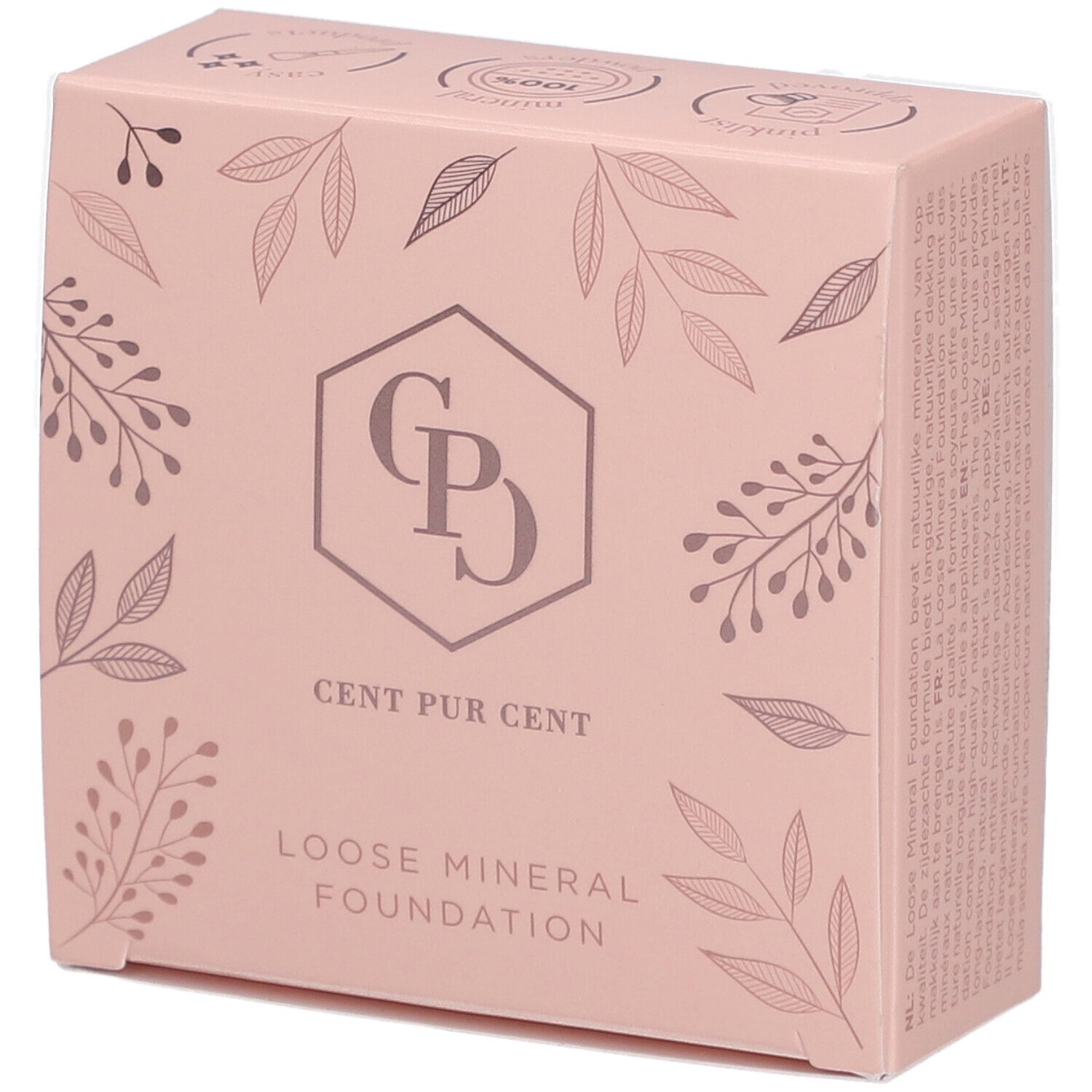 Boîte rose avec motifs floraux. Logo et texte: Cent Pur Cent Loose Mineral Foundation.