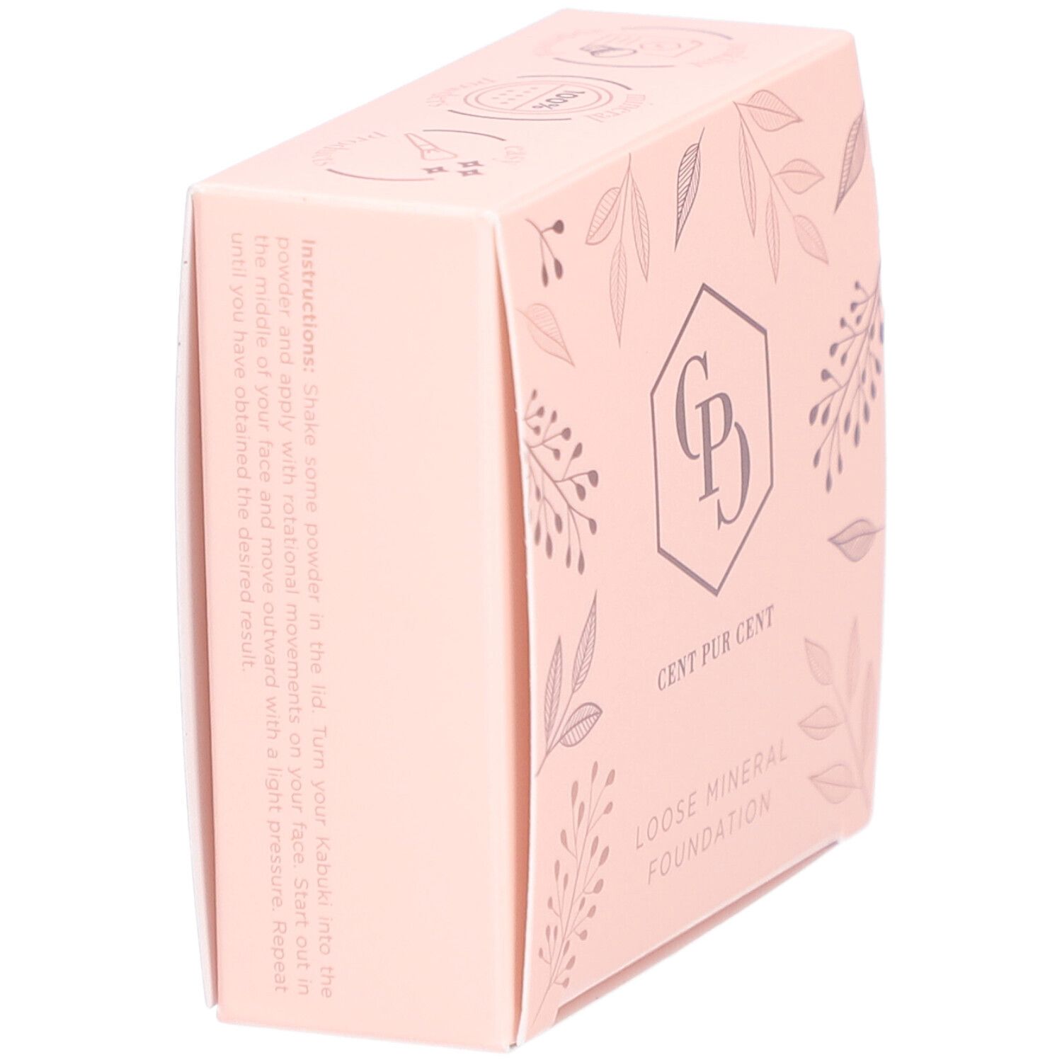 Boîte rose en biais. Logo et texte: Cent Pur Cent Loose Mineral Foundation. Texte sur le côté.