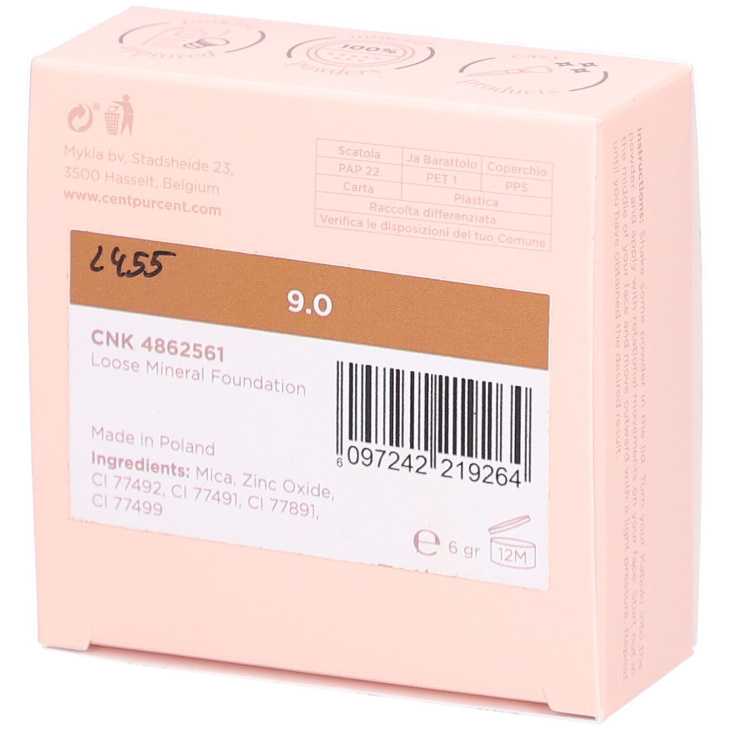 Dos de la boîte rose. Numéro de produit, teinte 9.0, code-barres, ingrédients, 6 gr, 12M.