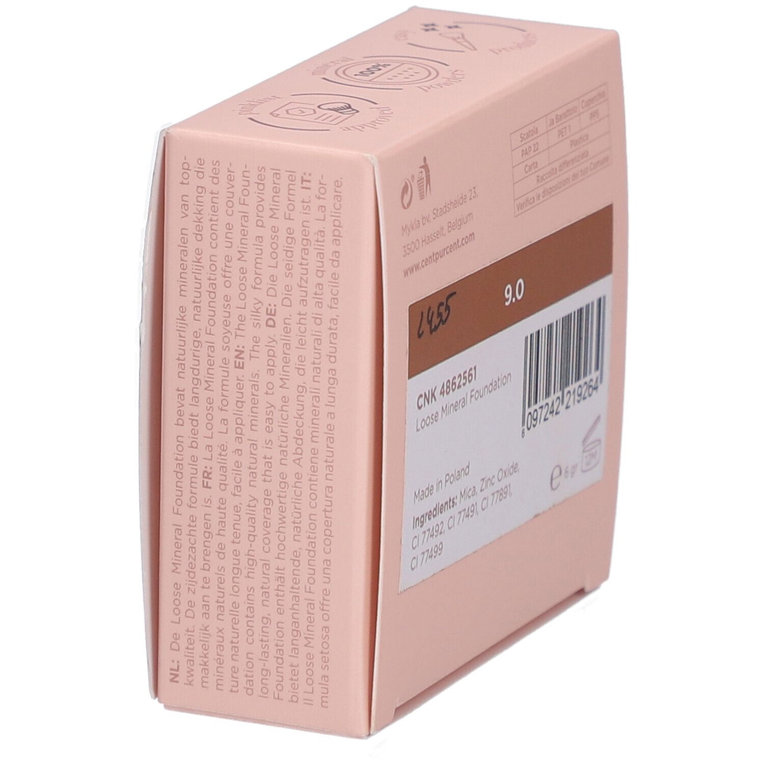 Vue oblique de la boîte rose. Numéro de produit, teinte 9.0, code-barres, ingrédients, texte.